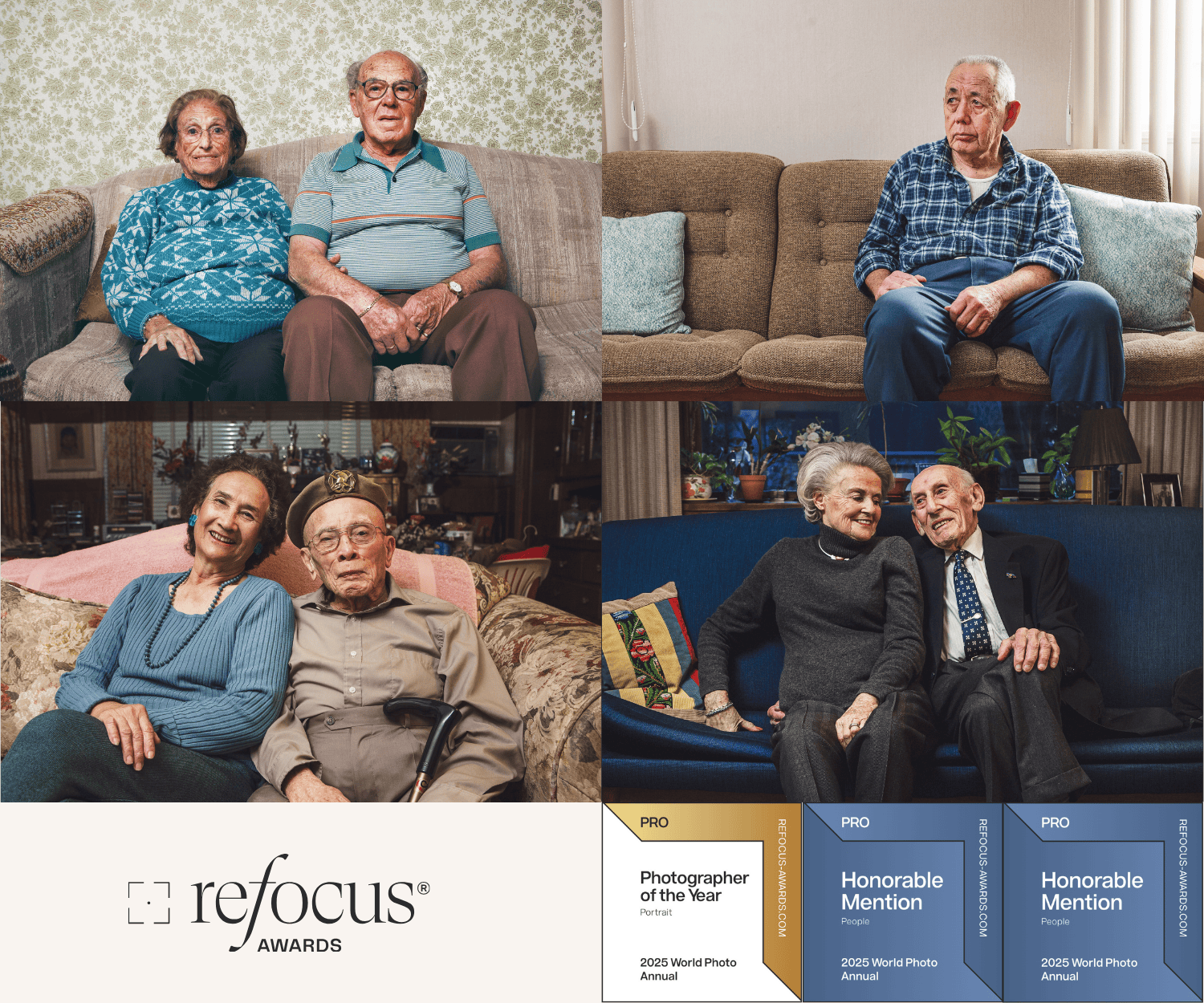 Four separate photos of elderly couples and individuals, some smiling and some serious, with awards and certificates for photography and people. The bottom left features a logo for "refocus AWARDS."