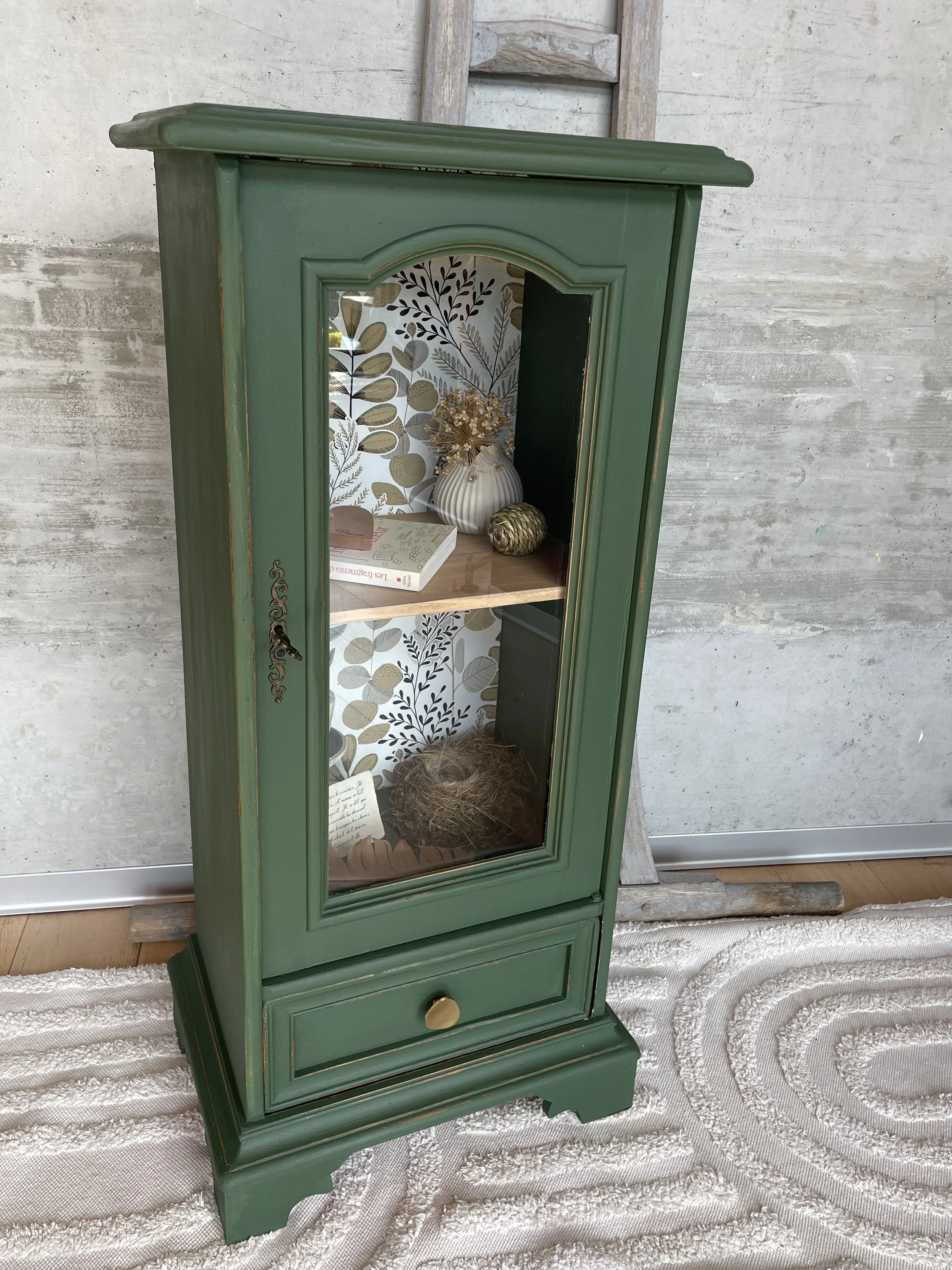 Une petite armoire vert foncé avec une porte en verre, contenant des décorations, une plante en pot et un livre, placée sur un tapis blanc texturé près d’un mur en béton.
