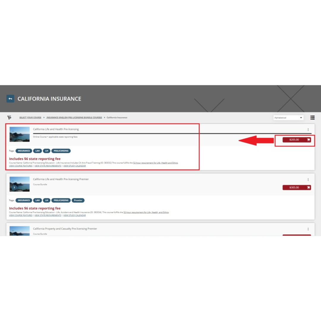 Screenshot of a webpage offering California insurance courses, including a life and health pre-licensing course priced at $205.00, with an option to add to a cart. The page also lists additional course options and includes sections for course tags and details about state reporting fees.