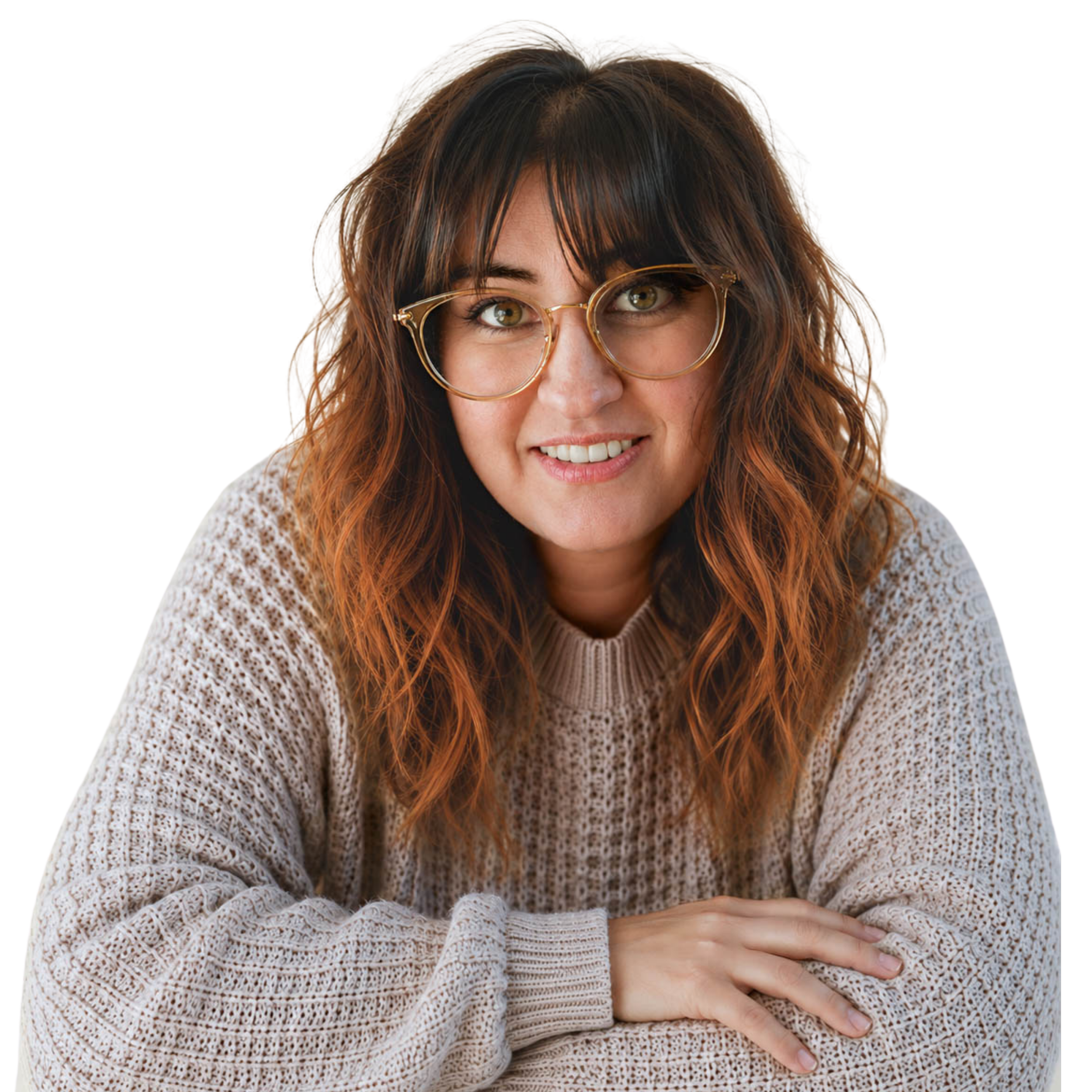 Woman with brown hair, glasses, and a beige knitted sweater, holding her arm in a sympathetic gesture.