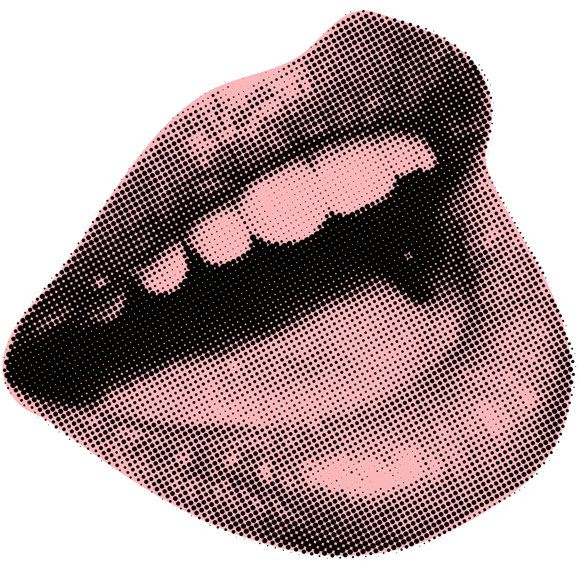 A pixelated abstract image composed of pink and black dots forming a curved shape against a black background.