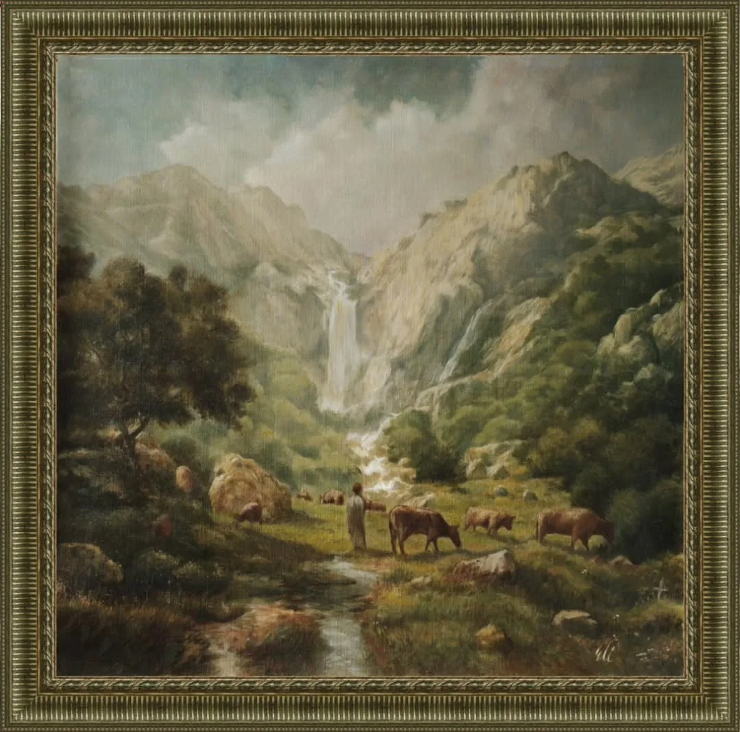 &ldquo;Pastor no Alto do Arado, Ger&ecirc;s&rdquo;.
Oil primed linen, 60 x 60 cm (23.6 x 23.6 in)
Painted en plein air and completed in the studio &mdash; a tribute to the wild beauty of Ger&ecirc;s.
A shepherd and his cows, cradled by the waterfall&