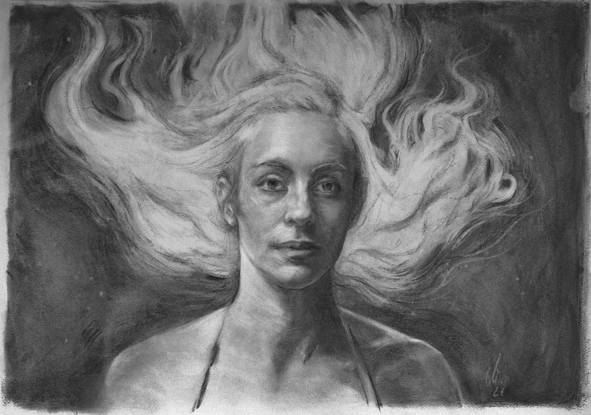 Portrait study. Nitram charcoal and graphite on Mi-Teintes Canson paper. (12 × 16.5 in/ A3)