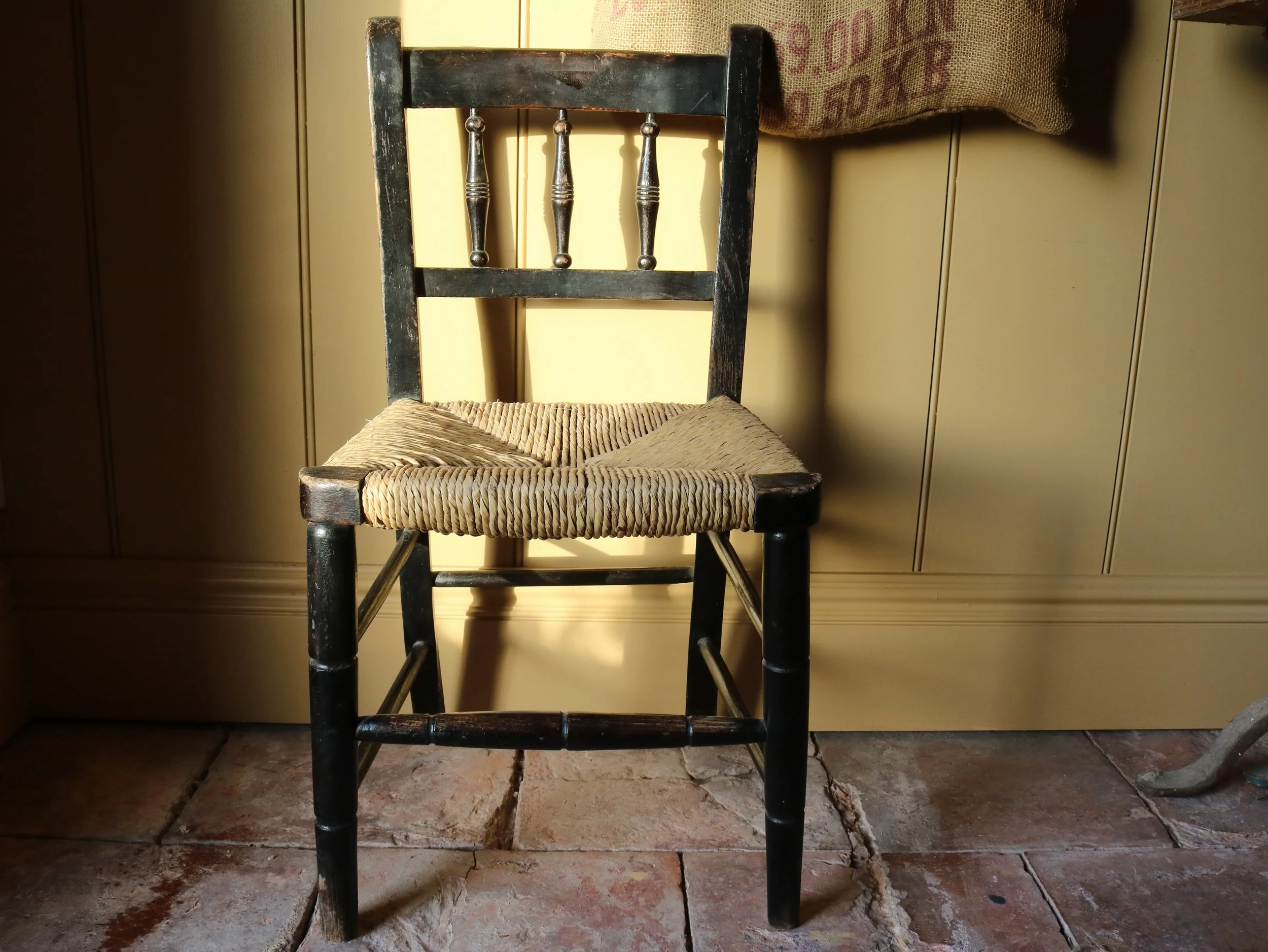 Antique English Child’s Spindle-Back Chair with Rush Seat