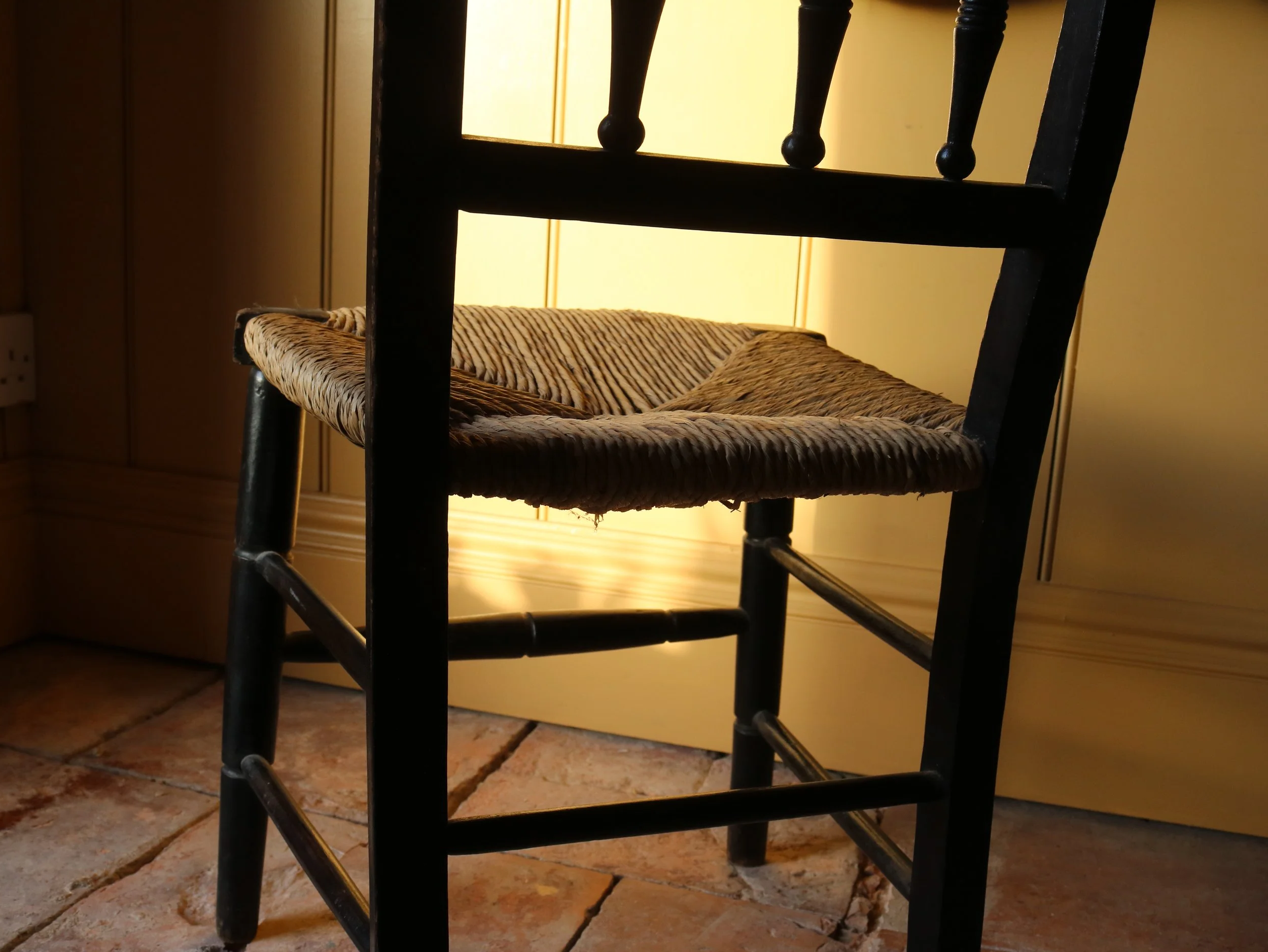 Antique English Child’s Spindle-Back Chair with Rush Seat Back