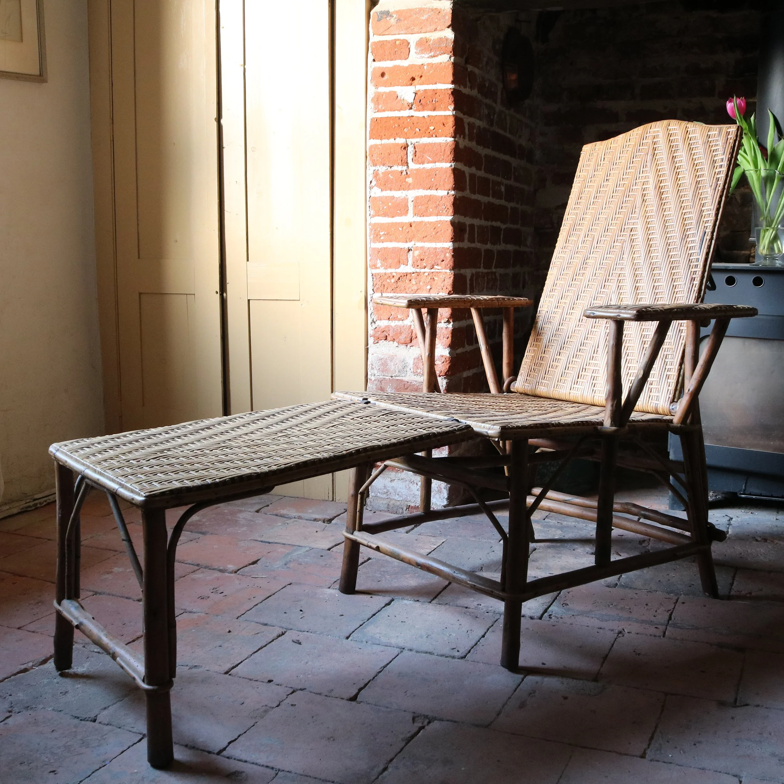 Vintage 1920s French Wicker & Bamboo Steamer Recliner Chair with Footrest