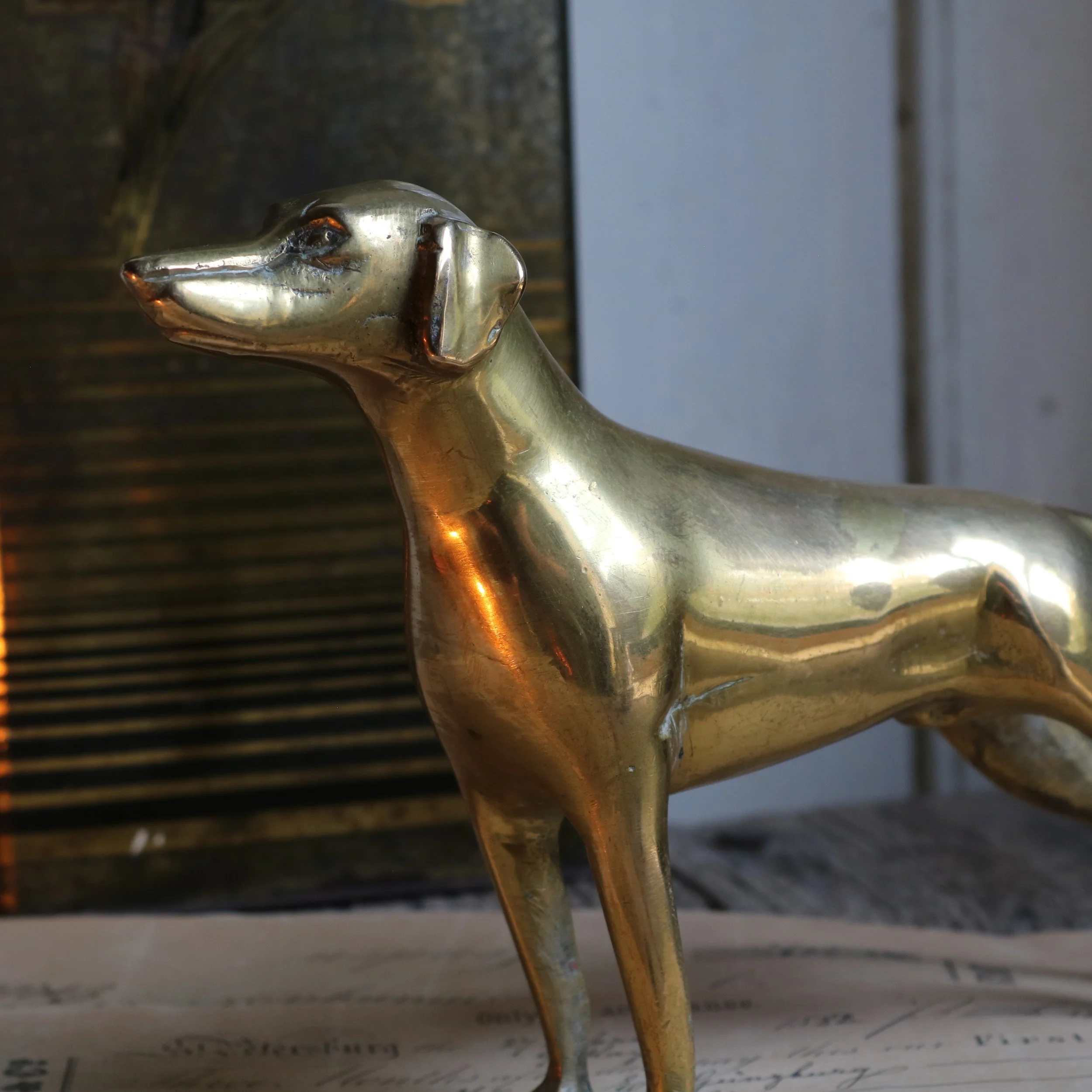 Vintage Mid-20th-Century Brass Greyhound Dog Figurine – Decorative Antique Ornament