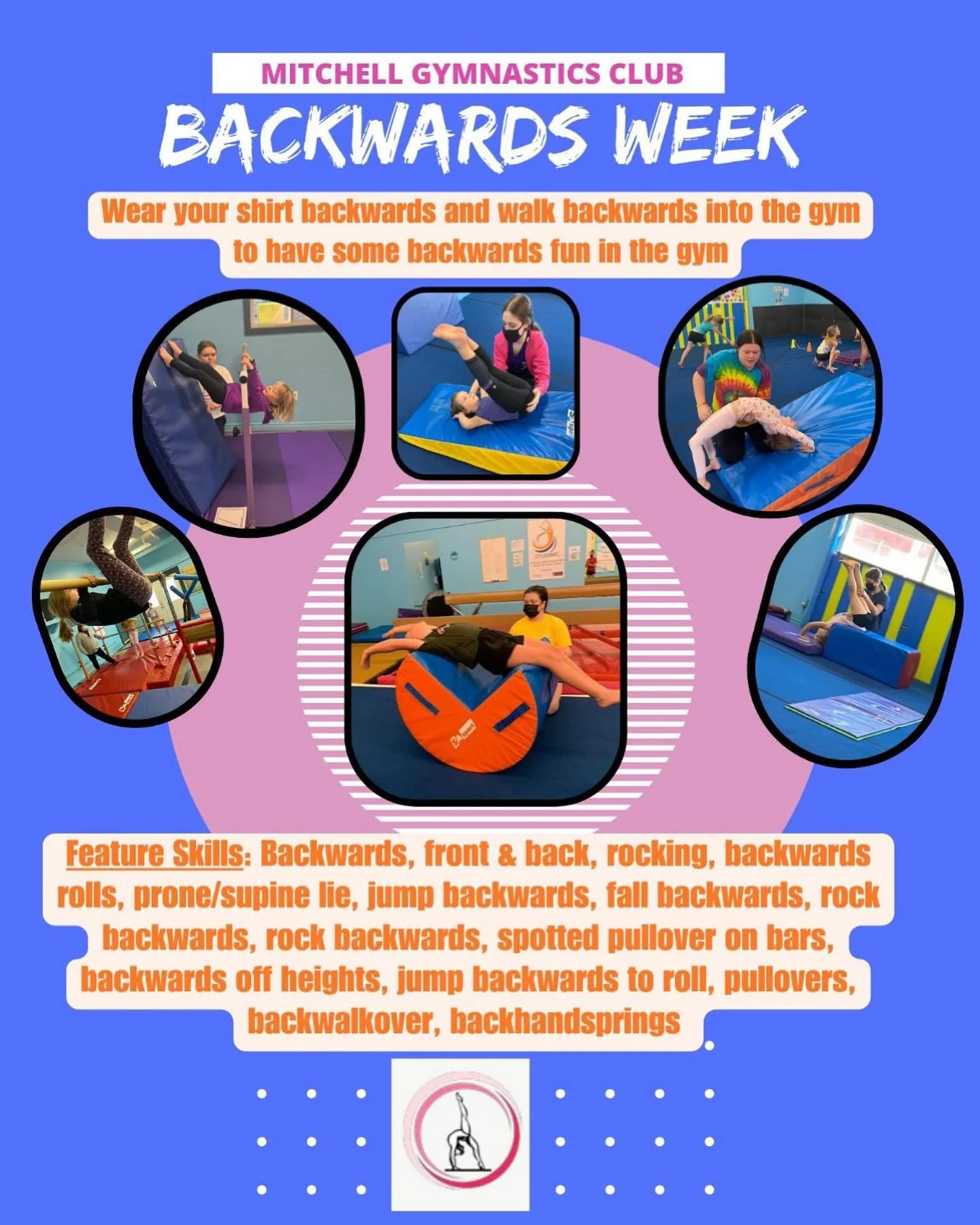 This next week at gymnastics is BACKWARDS WEEK. 

We will be working on and learning many varieties of backwards skills. This includes: back rolls, back walkovers, back handsprings, pullovers on bars, and walking backwards on the beam. 

Please come 