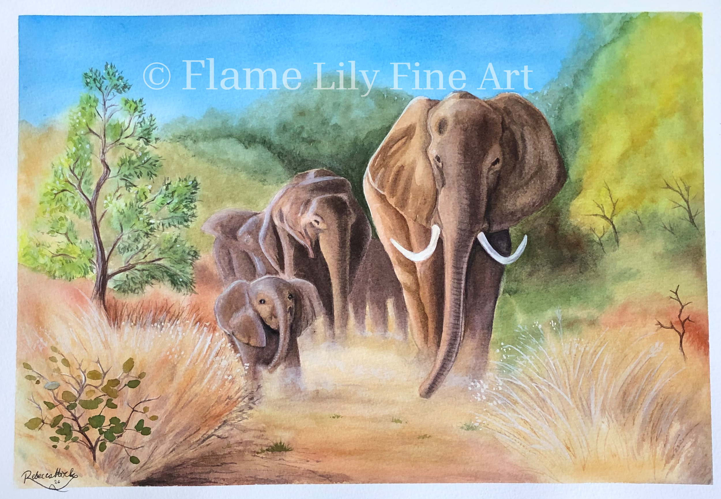 "The Family" (private collection). Watercolour (A3). Copies are available to commission.