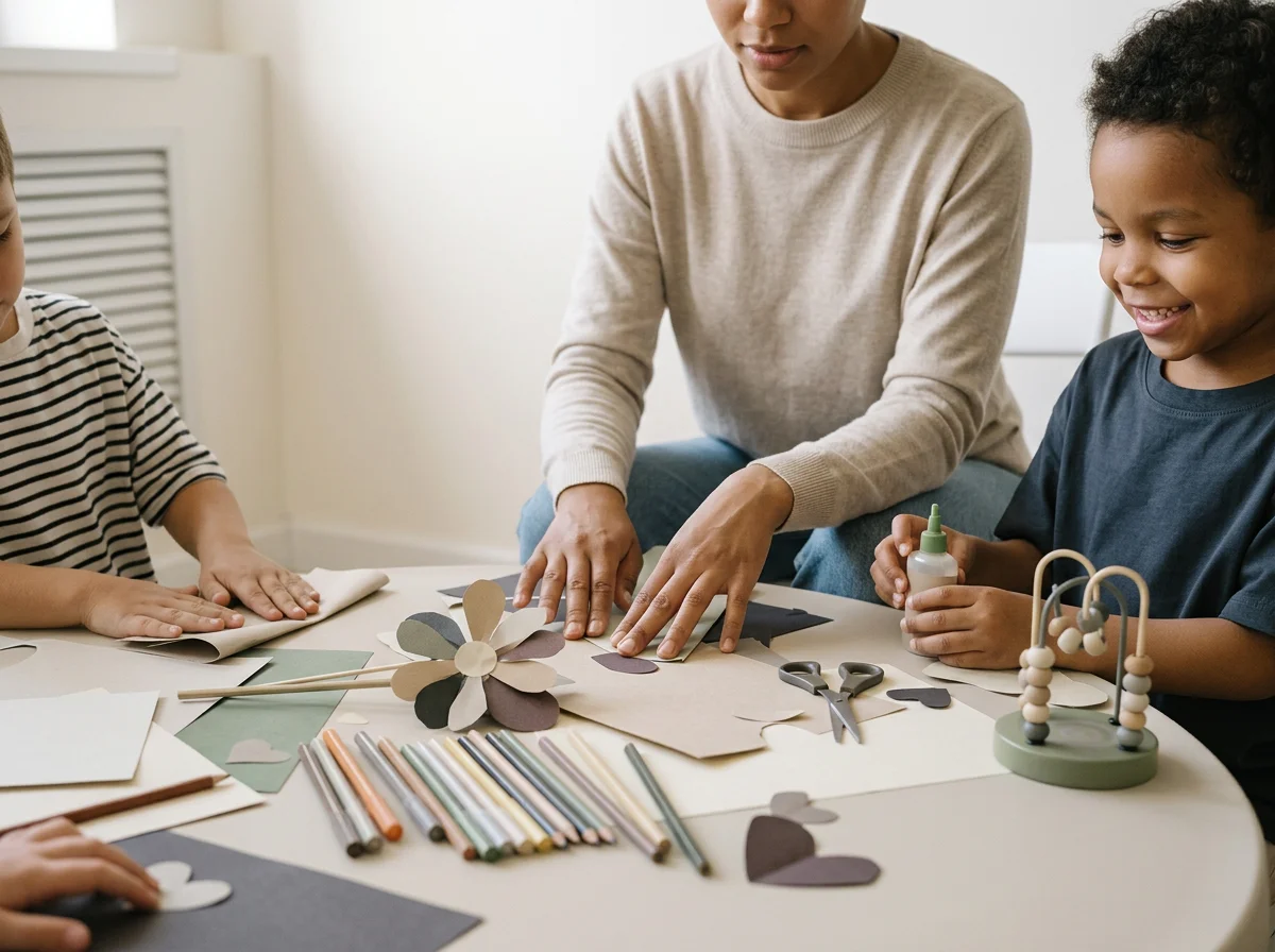 A woman and two children engaged in arts and crafts, working on paper flower and heart decorations, with markers, scissors, and glue on a table.