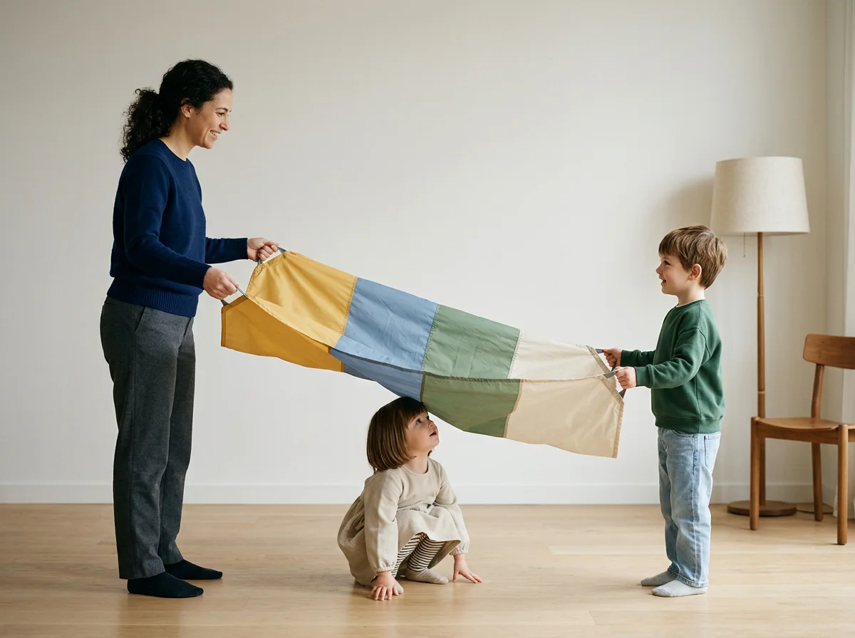 A woman and a boy are holding a colorful parachute, while a little girl kneels on the floor underneath it, inside a room with wooden flooring, a chair, and a tall lamp.