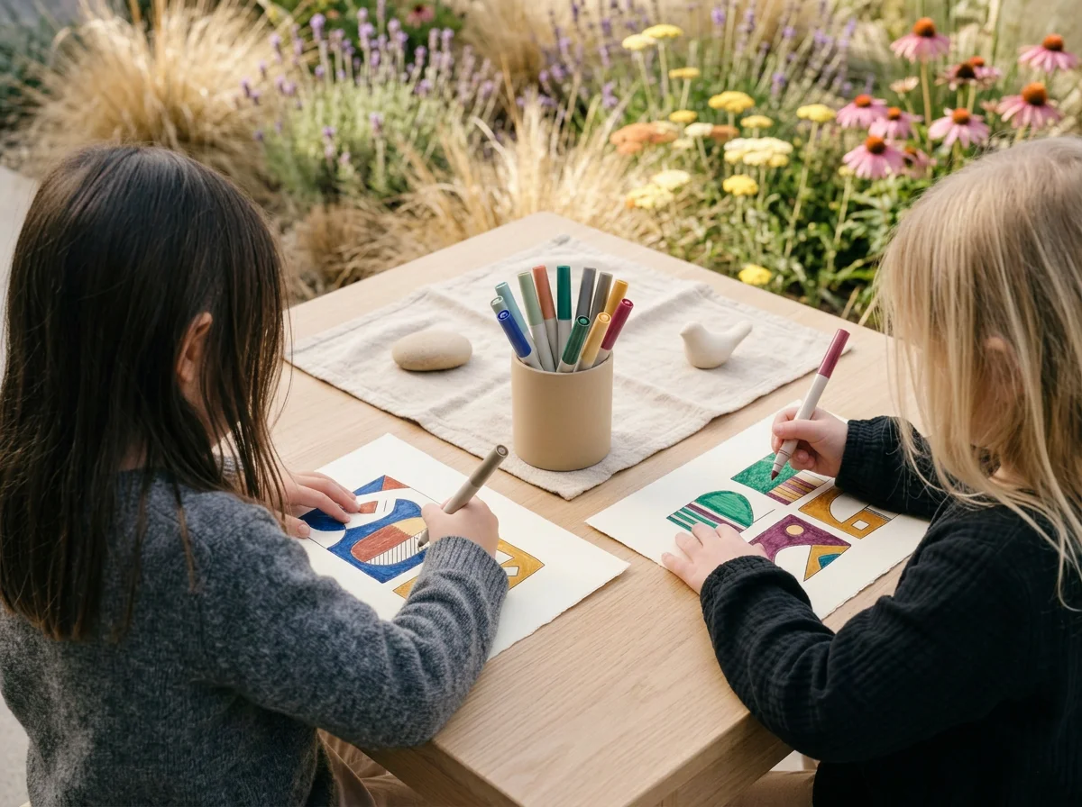 Two young girls are sitting at a wooden table outdoors, coloring abstract patterned artwork with markers. The table has a beige cloth, decorative stones, and a container holding multiple colored markers, with a garden of purple, yellow, and pink flowers in the background.
