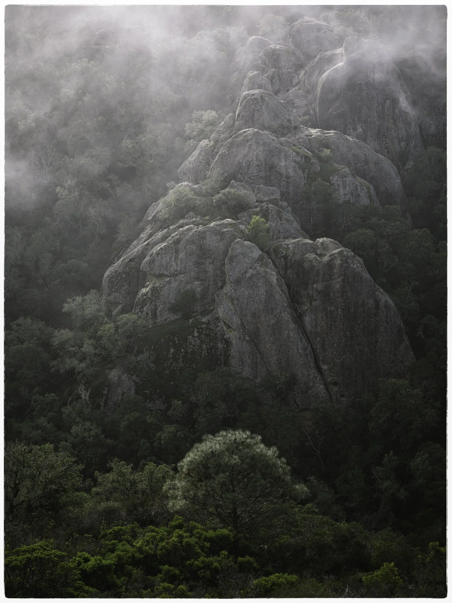A misty mountain landscape with large rock formations and lush green trees.