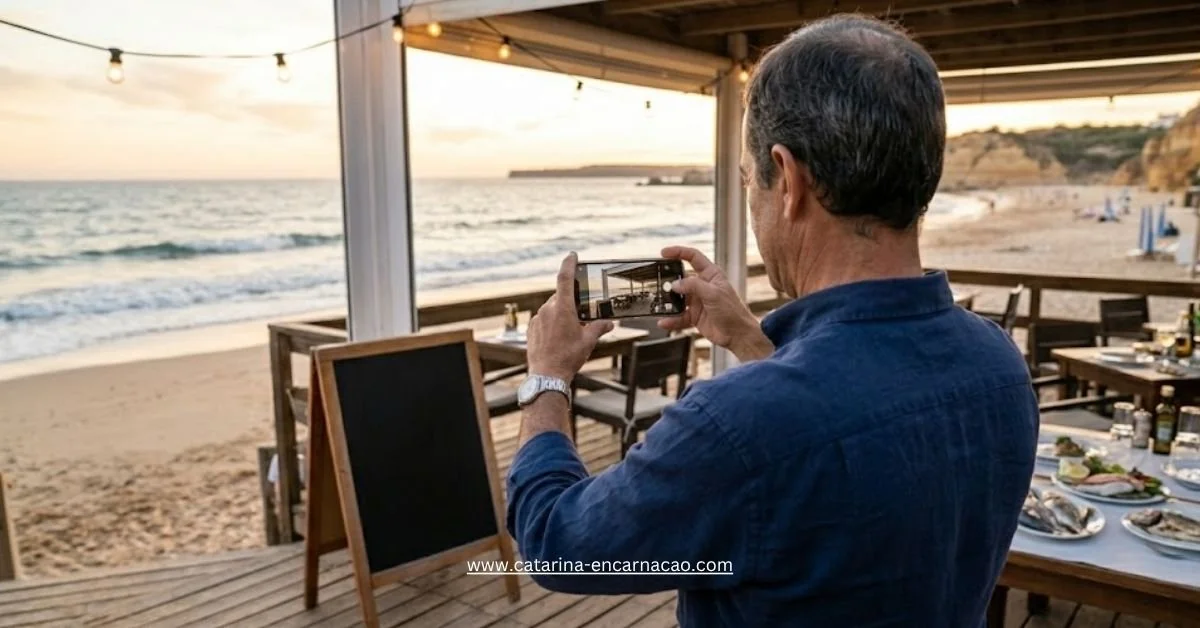 Homem tirando uma foto com o celular na praia durante o pôr do sol, com mesas ao ar livre com comida e garrafas ao fundo