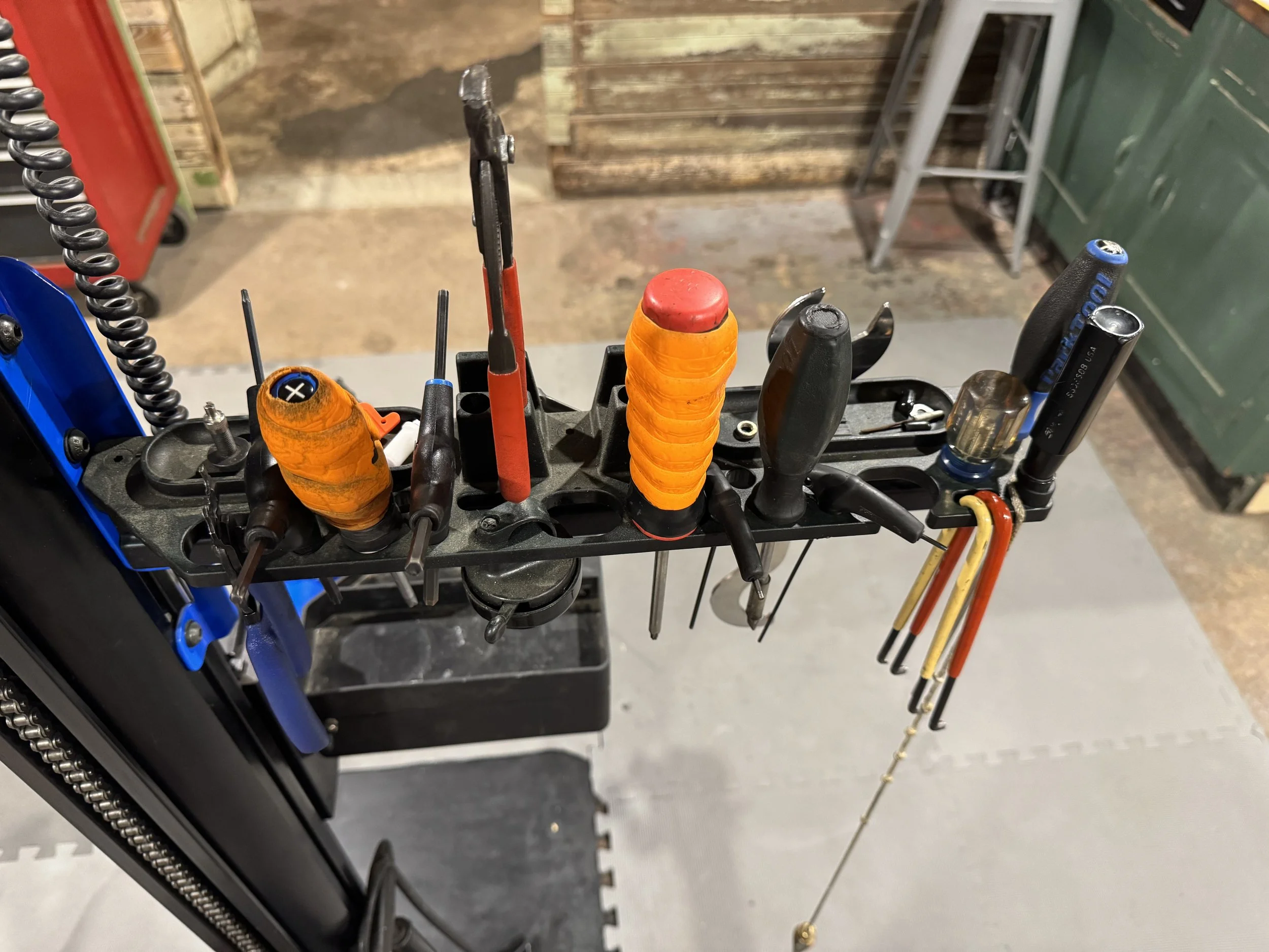 Bicycle tools on bicycle work stand.  Ready fix your bike