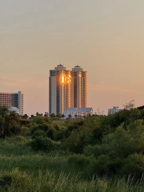 Sunset reflecting off two tall skyscrapers in an urban area, with green trees and buildings in the foreground.