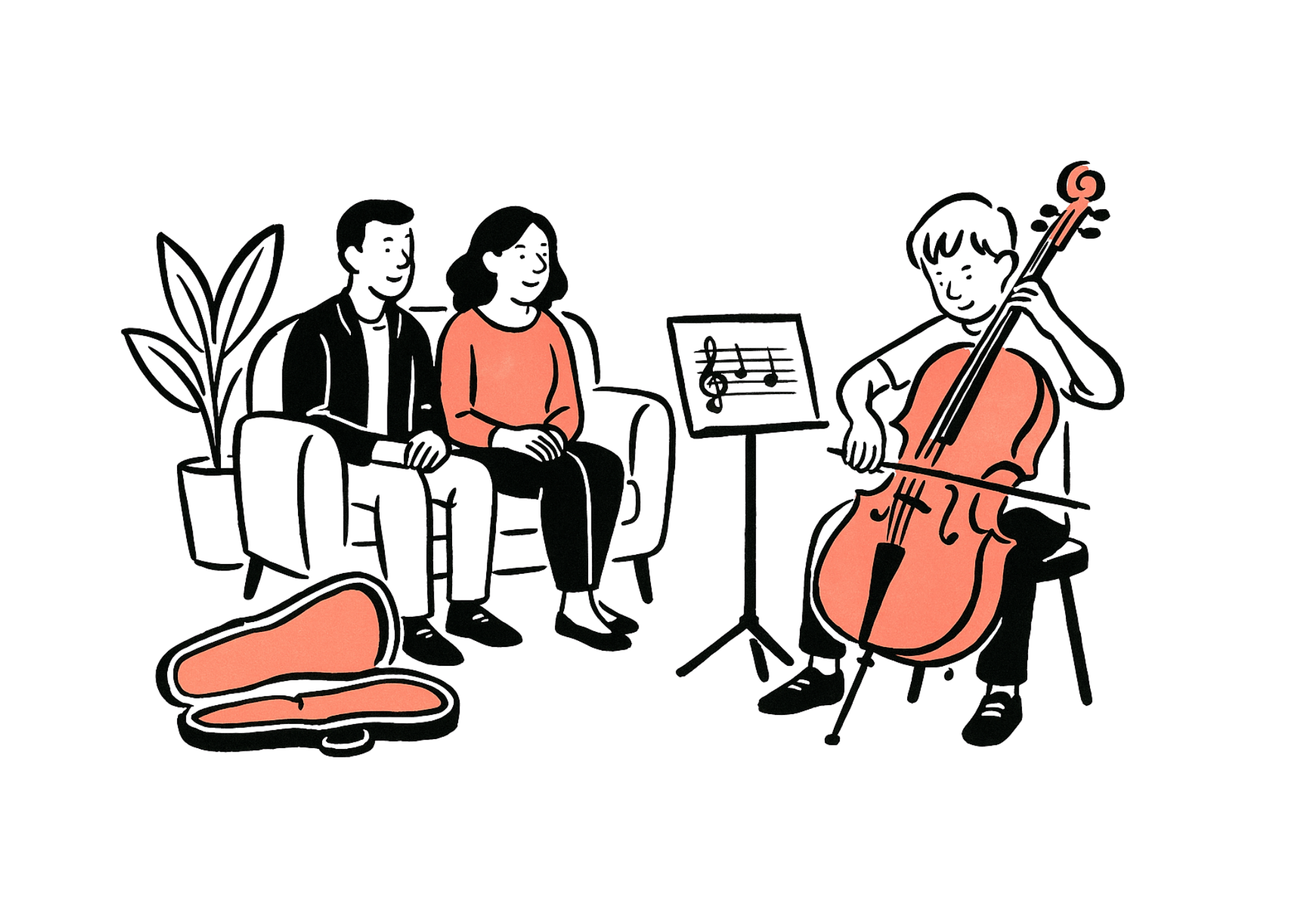 Grupo de personas viendo a un músico tocando el violonchelo en un escenario con partituras y un ambiente de concierto.