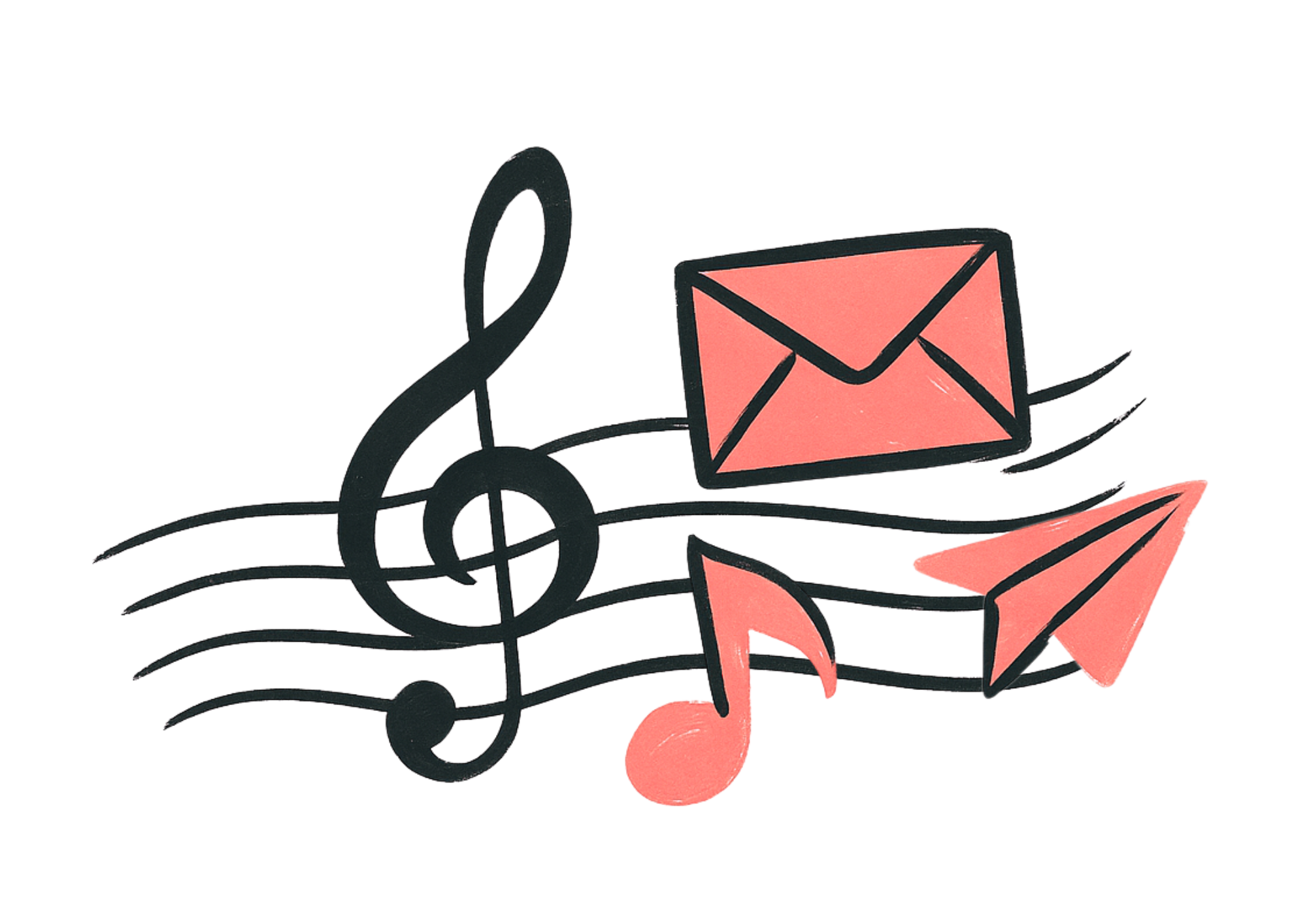 Notas musicales, un sobre de carta y un avión de papel en colores rosa y negro con fondo transparente.