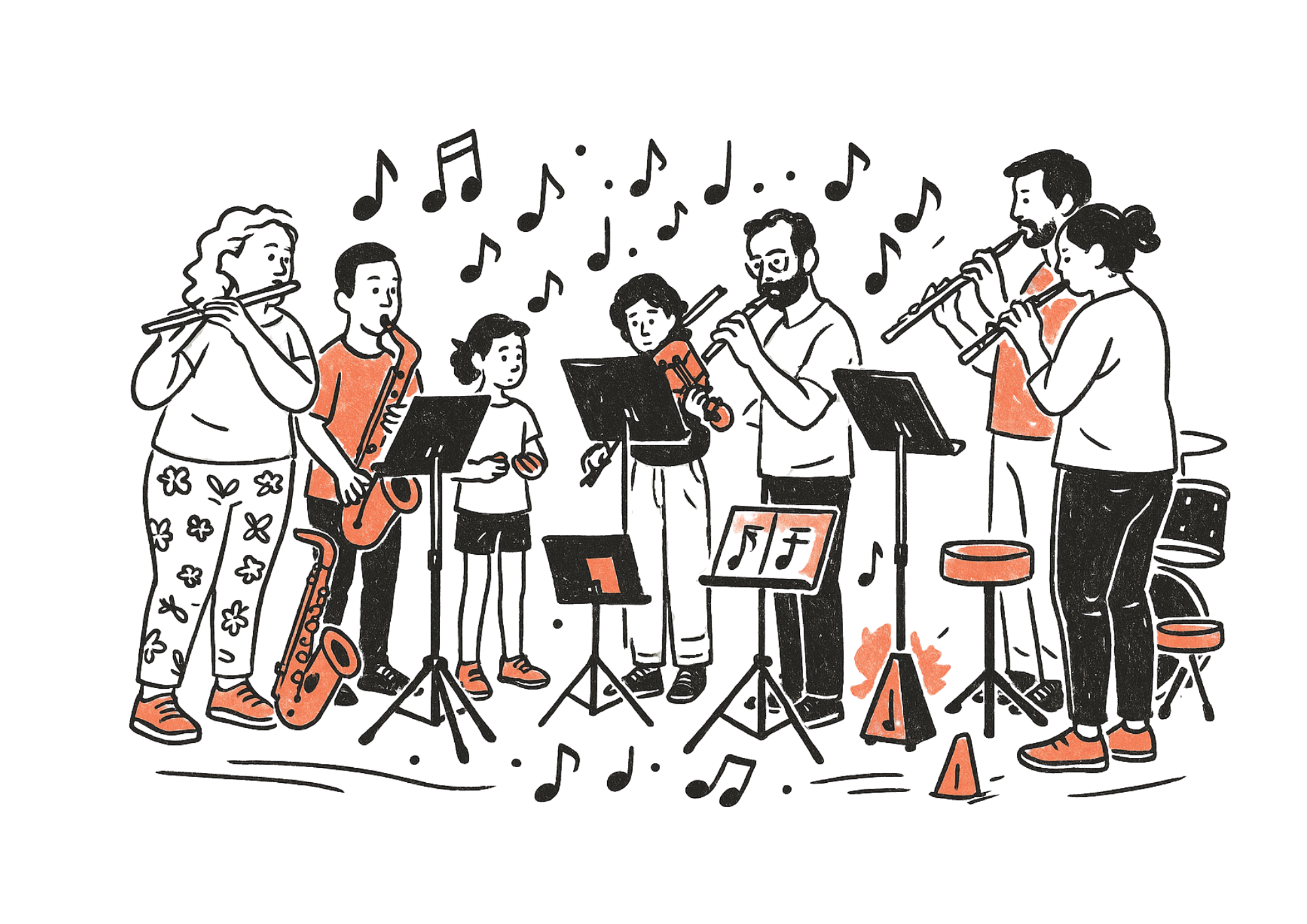 Ilustración de una banda musical tocando instrumentos como saxofón, clarinete, trompeta y otros, con partituras y micrófonos en un escenario.