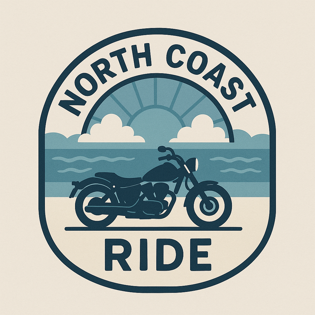 Graphic design featuring a motorcycle in front of a coastal scene with clouds and the ocean, with the text 'North Coast Ride'.