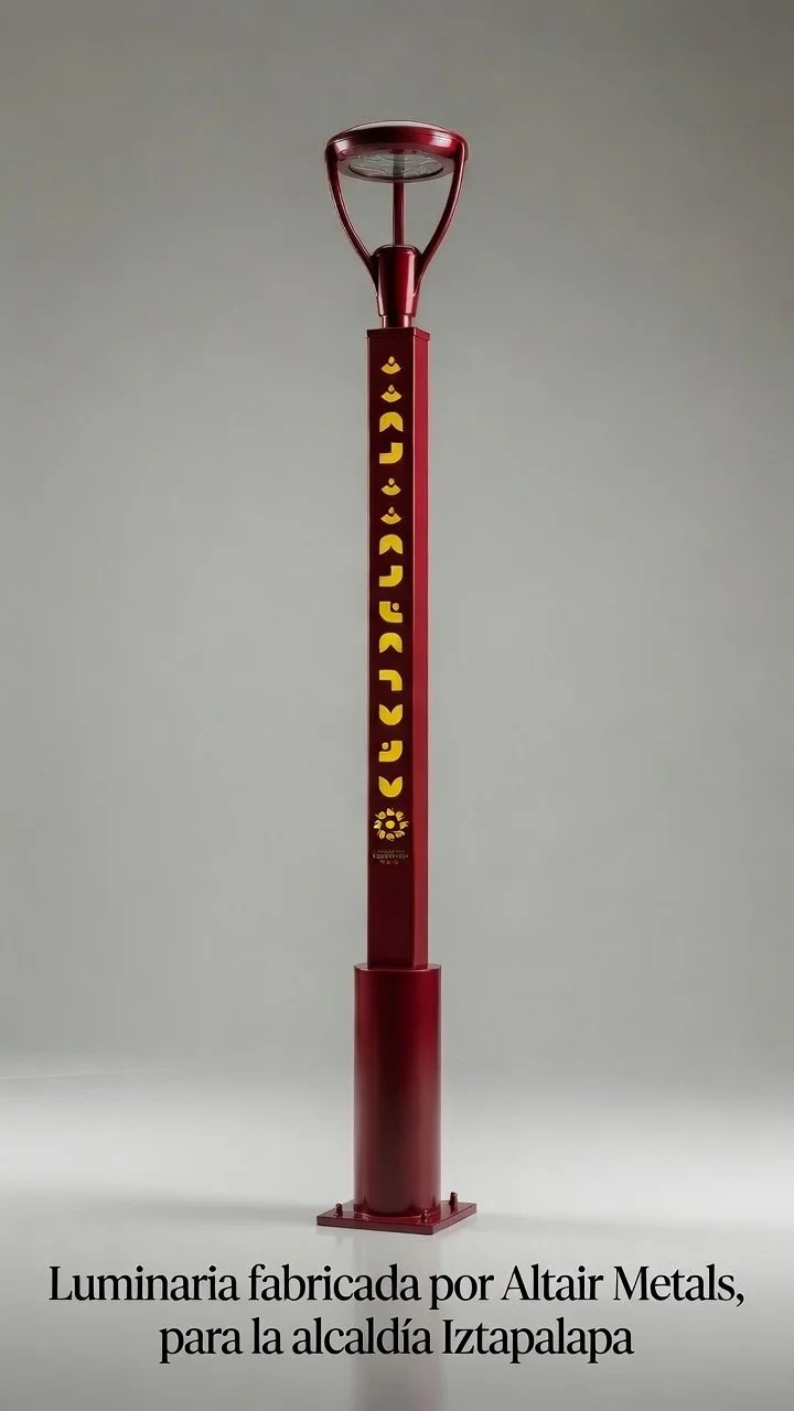 A red illuminated streetlamp with yellow symbols and text, designed for the Iztapalapa municipality.