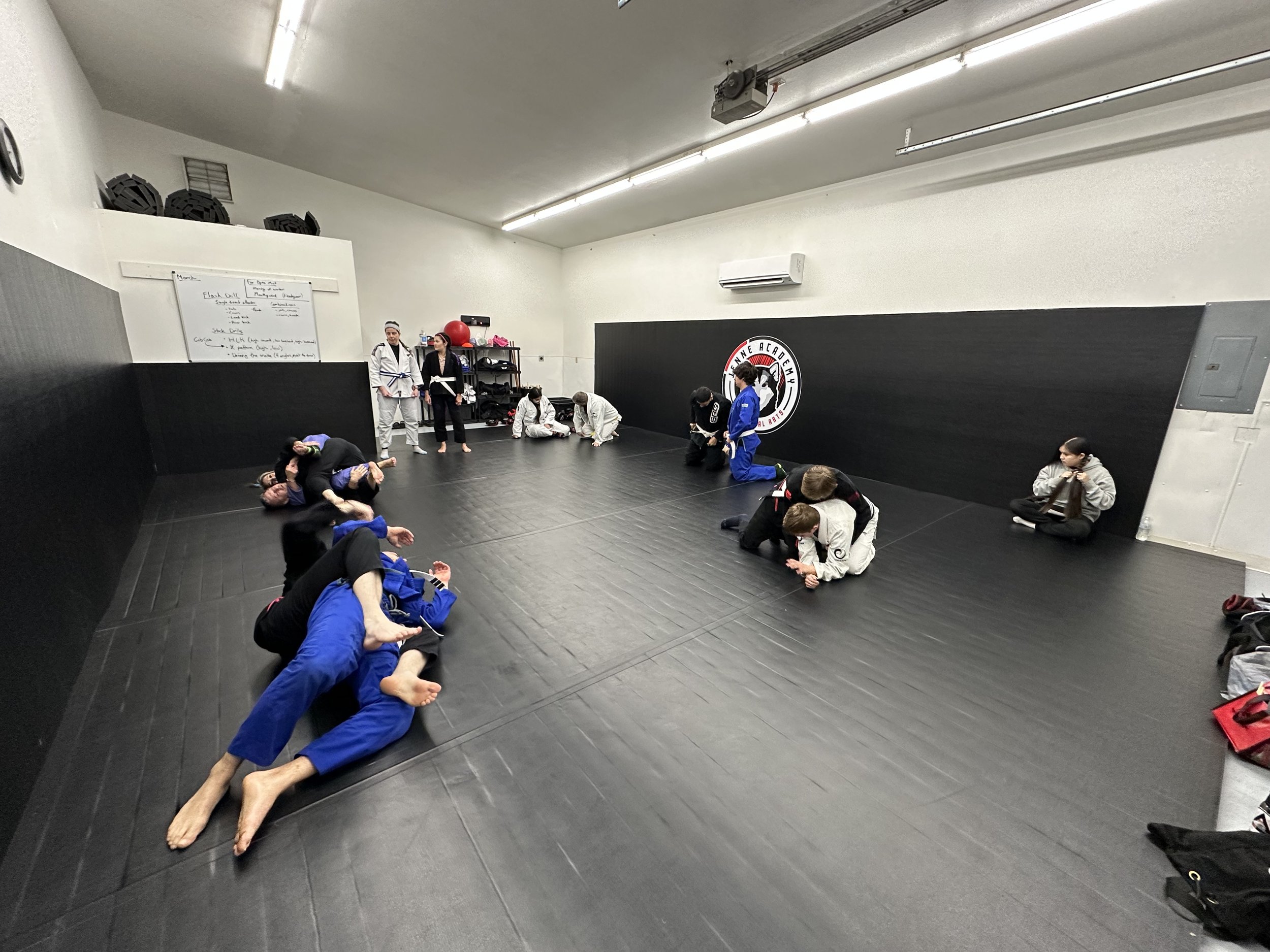 Students practicing Brazilian Jiu-Jitsu across the academy mat.