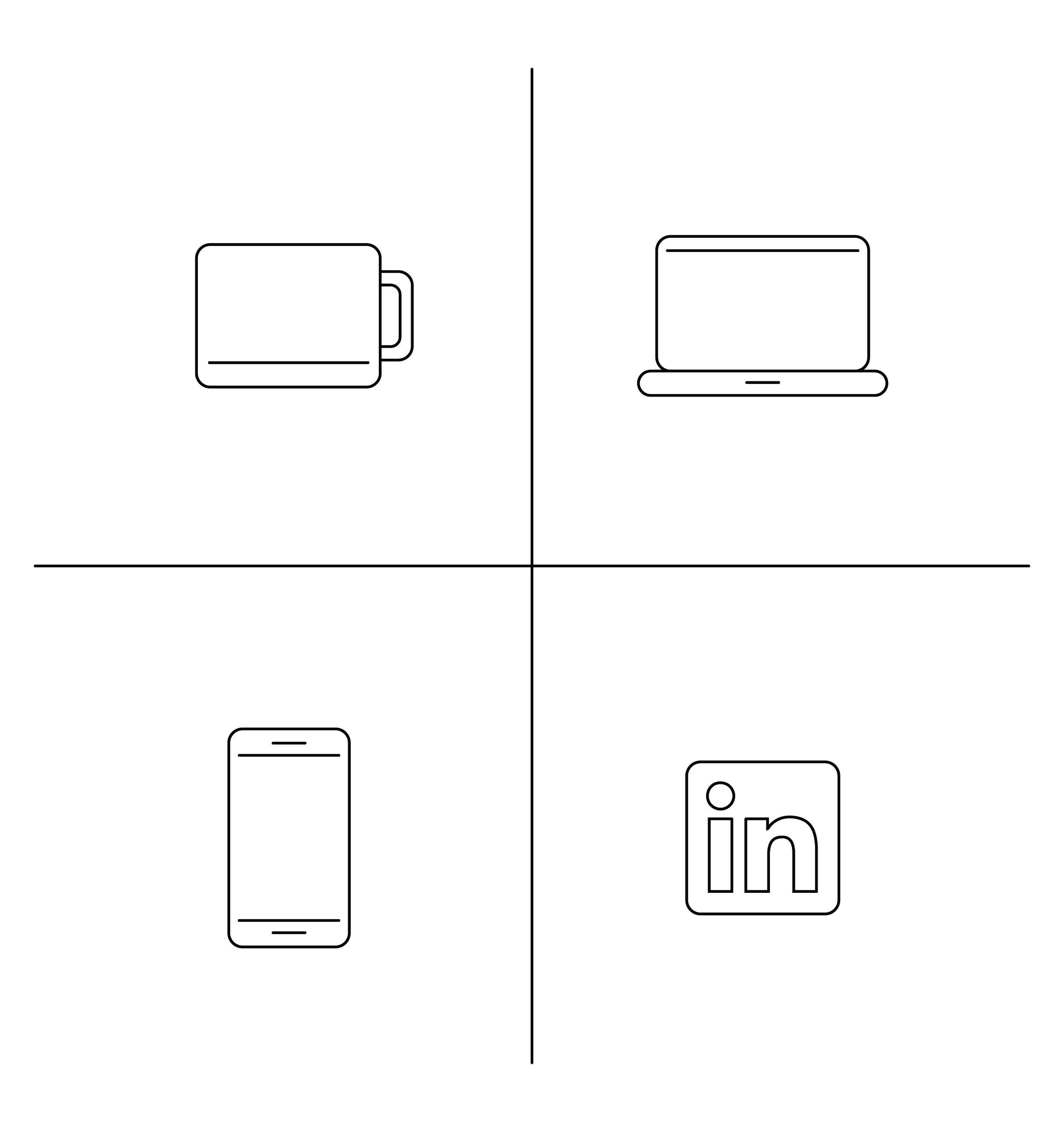 Line-drawn icons showing four ways to connect: coffee, virtual call, phone call, and LinkedIn.