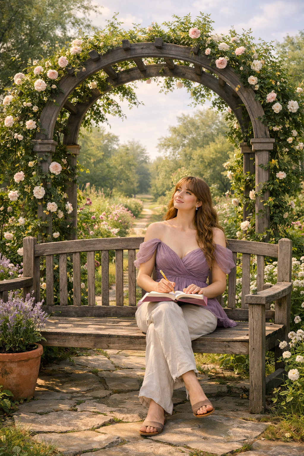 A woman in a purple off-shoulder top and beige pants sitting on a wooden bench in a garden with a flowered archway overhead, writing in a notebook.