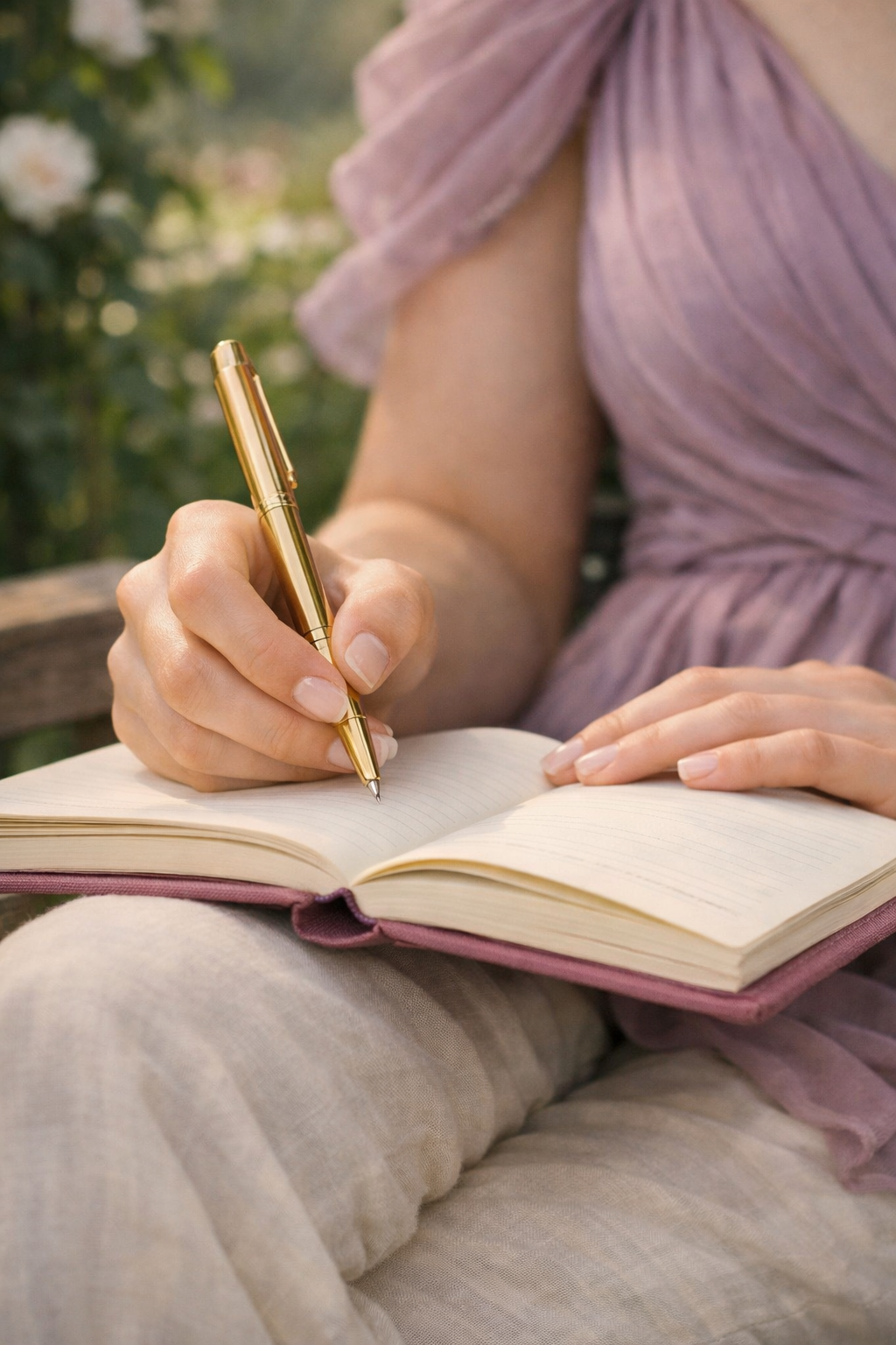 A woman in a purple off-shoulder blouse writing in a notebook with a gold pen outdoors, with a blurred background of greenery and flowers.