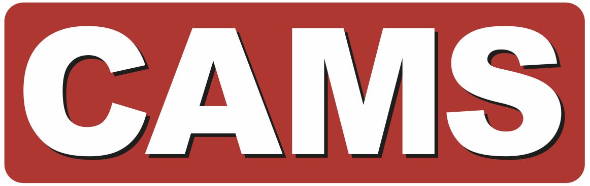 Red background with the word 'CAMS' in large white and black outlined letters.