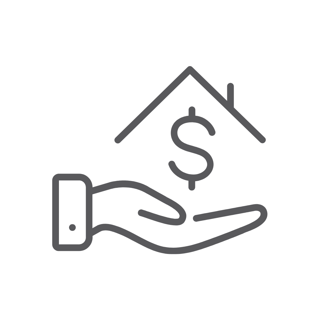 Line drawing of a hand with a dollar sign above a house, symbolizing real estate financing or mortgage.