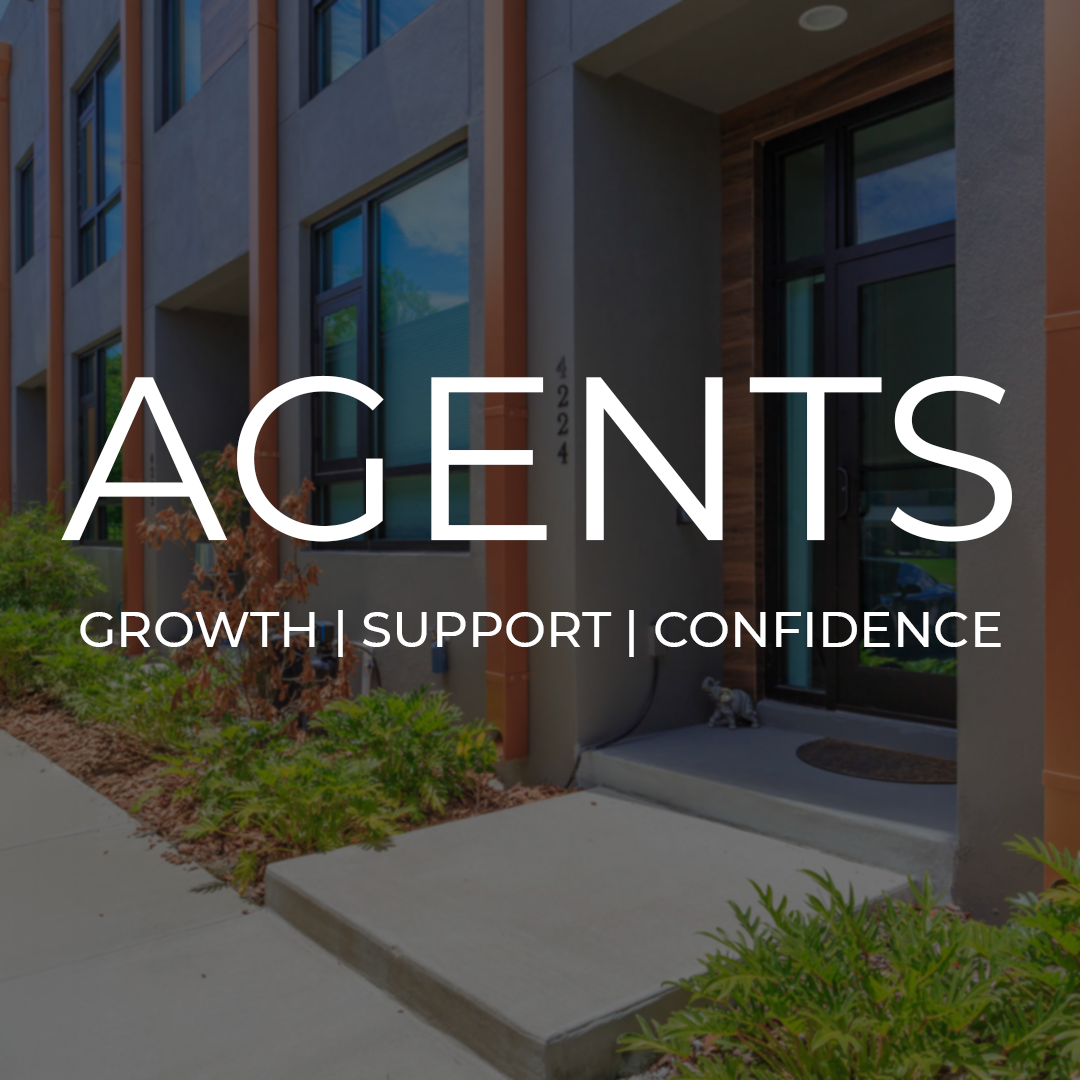 Modern apartment building exterior with plants near the entrance, with the words "Agent, Growth, Support, Confidence" overlaid.