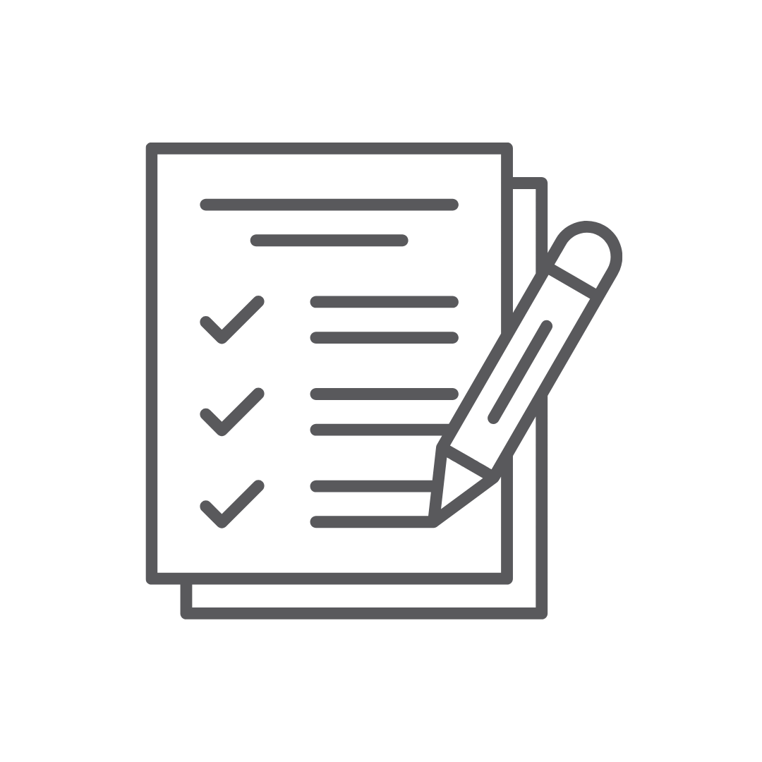 Outline of a checklist with three checkmarks and a pen on a sheet of paper.