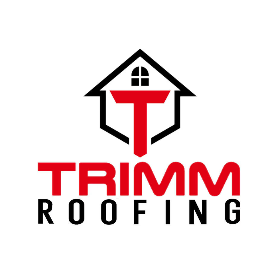 Logo of Trimm Roofing featuring a house outline, a red T integrated into the house, and the text "TRIMM ROOFING" with "TRIMM" in red and "ROOFING" in black.