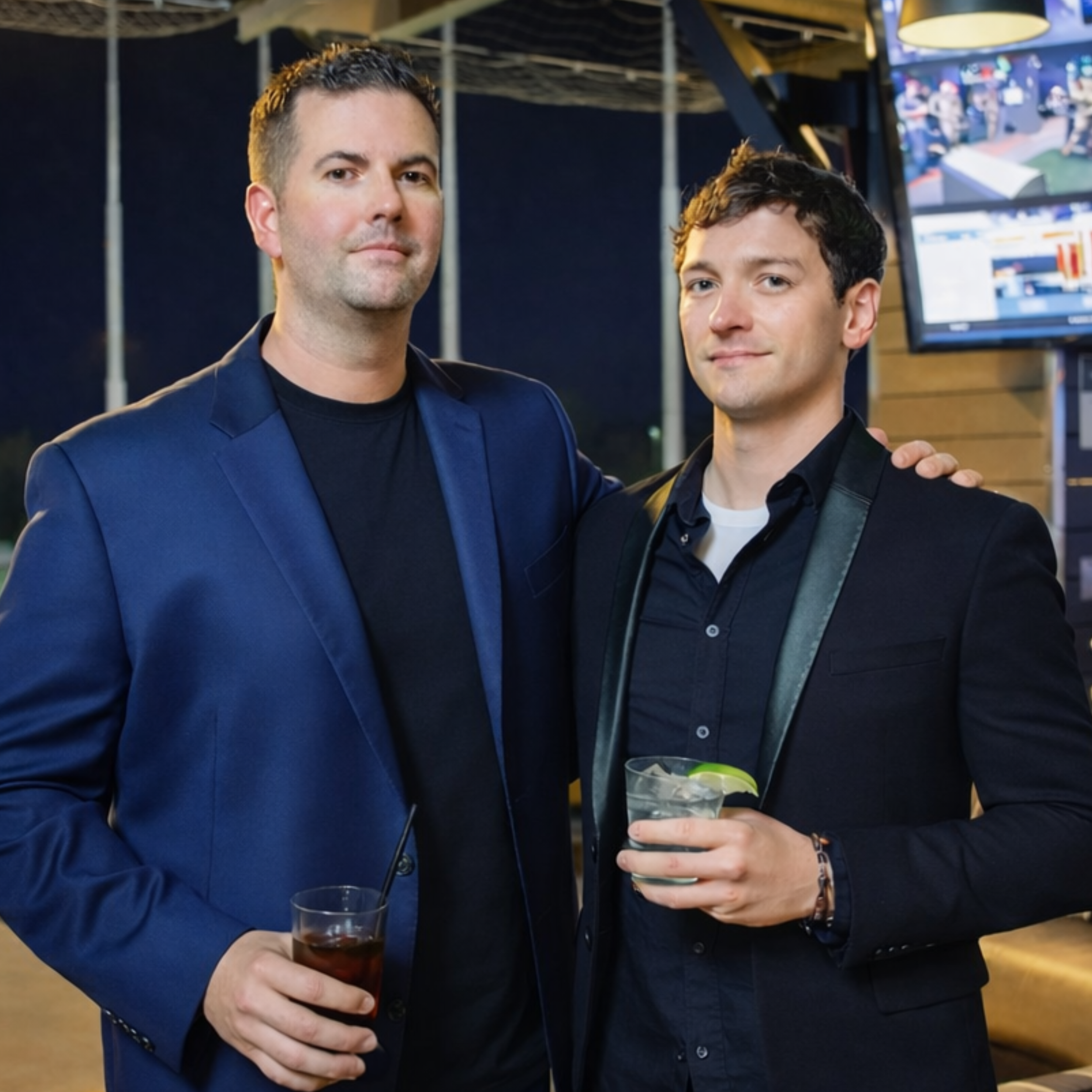 Two men in suits holding drinks at a social event or bar, with television screens in the background.