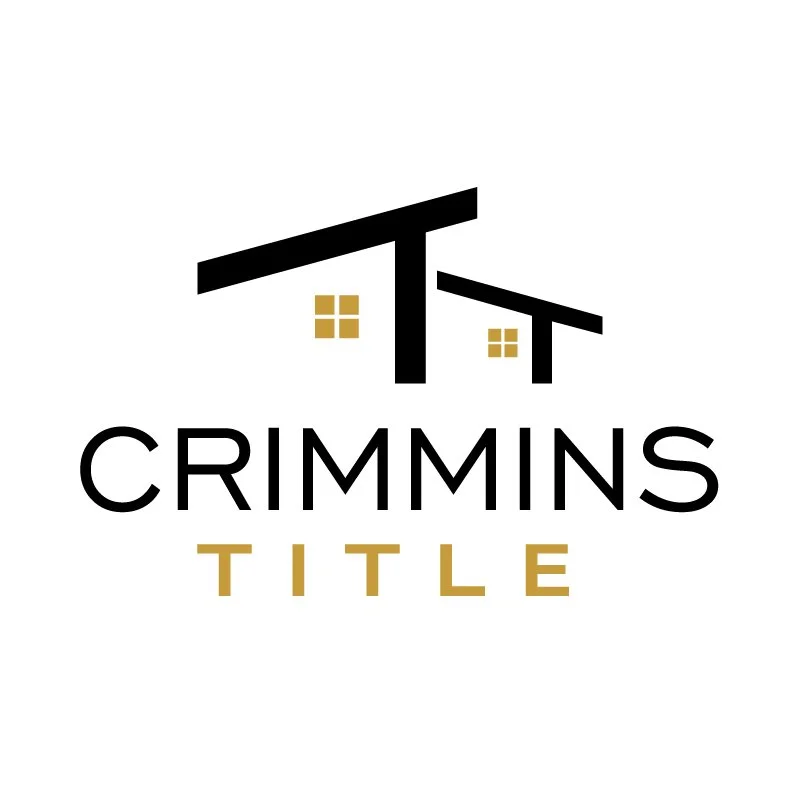 Illustration of a house roof with two small windows, along with the text 'CRIMMINS TITLE' in black and gold colors.