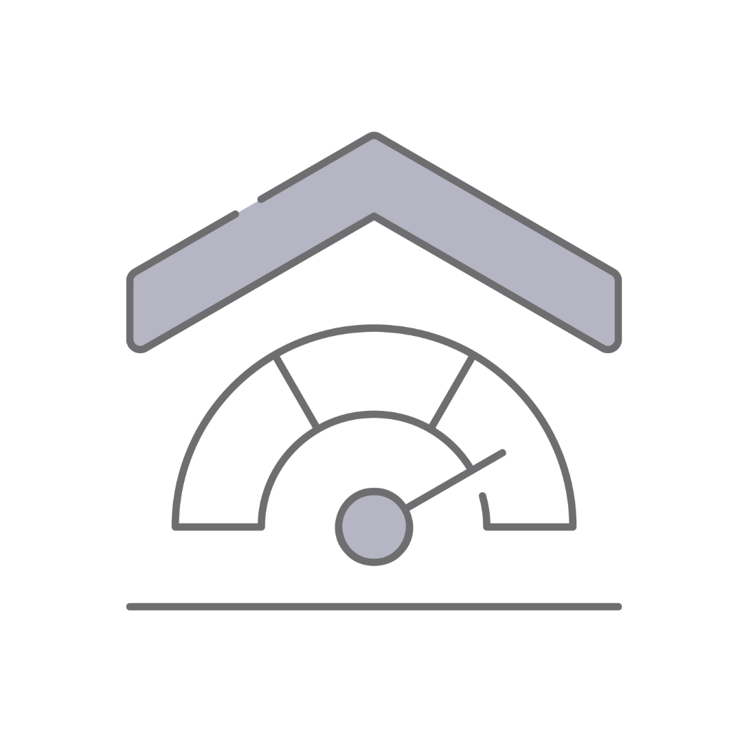 An icon of a house roof above a speedometer gauge indicating a high level.