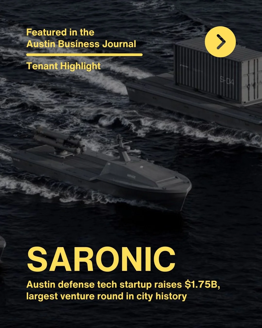 Highlighting a massive accomplishment by one of our tenants. Saronic - continues to be a leader in the their industry, maritime infrastructure. 

This fast growing company continues to make waves.

#ATX #elmoarts #SARONIC #maritimedefense #realestate