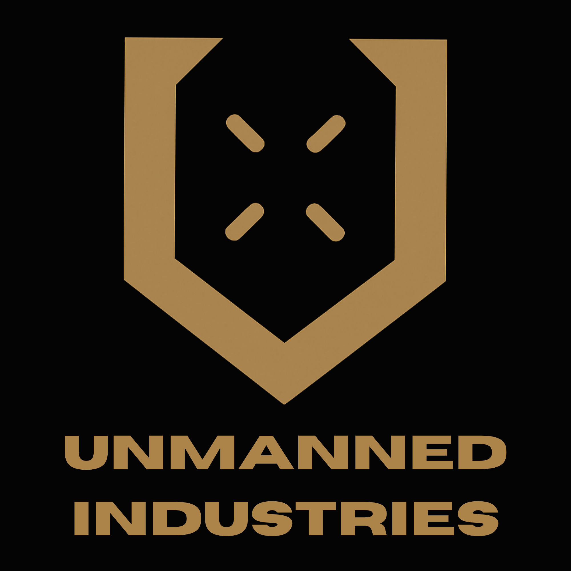 Black background with a gold geometric shape resembling a gem or diamond and the text 'UNMANNED INDUSTRIES' in gold at the bottom.
