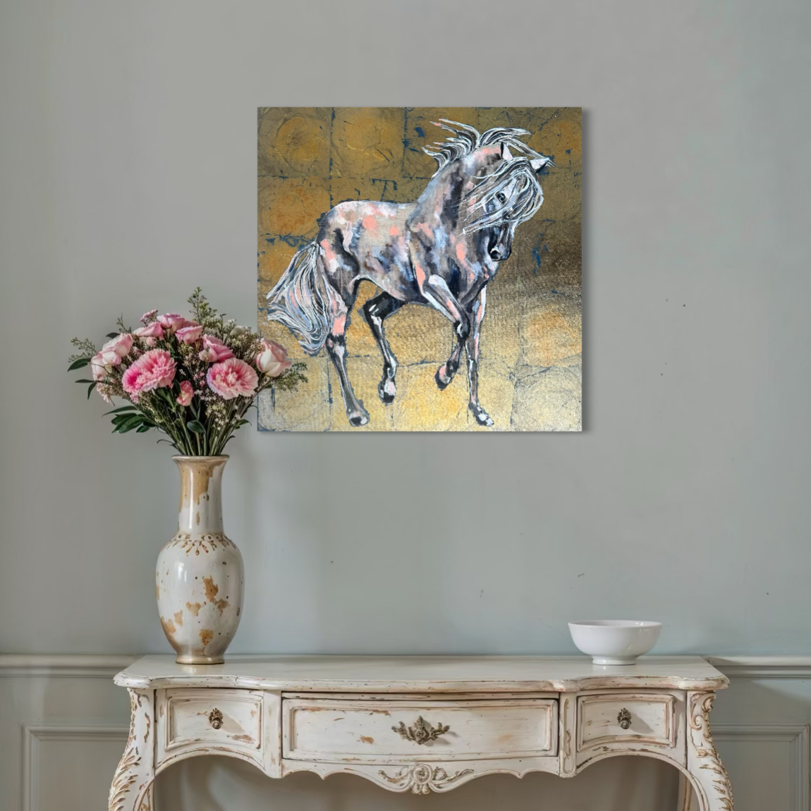 Cinder horse painting by Louise Luton in hallway setting.png