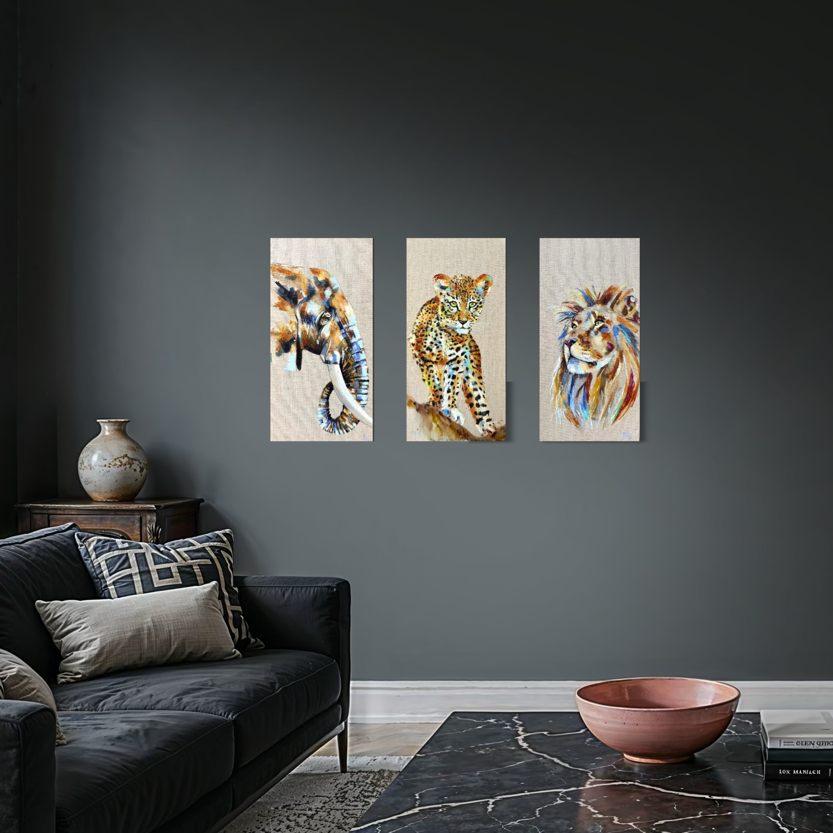 Selection of Africam animal paintings by Louise Luton.png