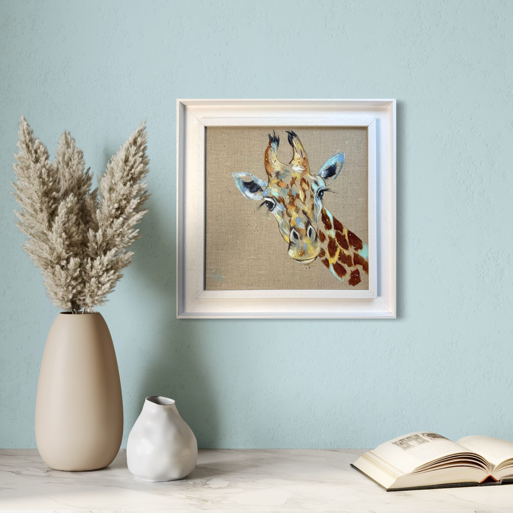giraffe painting by Louise Luton in blue room setting.png