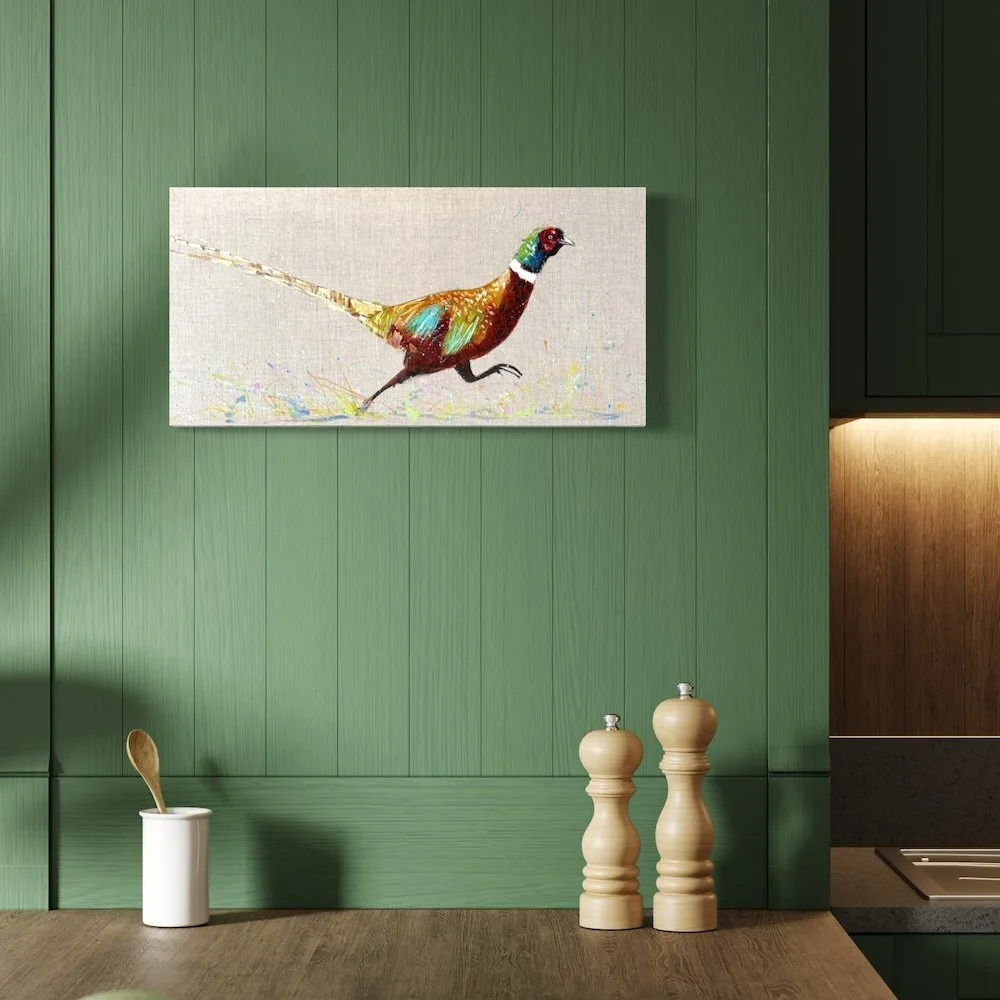 pheasant painting by Louise Luton in green kitchen.jpeg