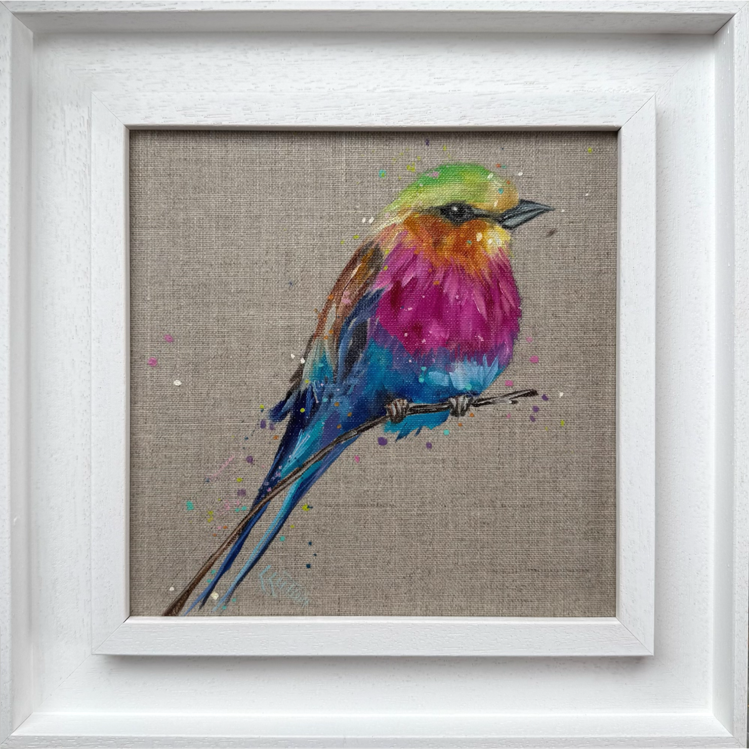 Lilac breasted roller painting by Louise Luton in St Ives frame.png
