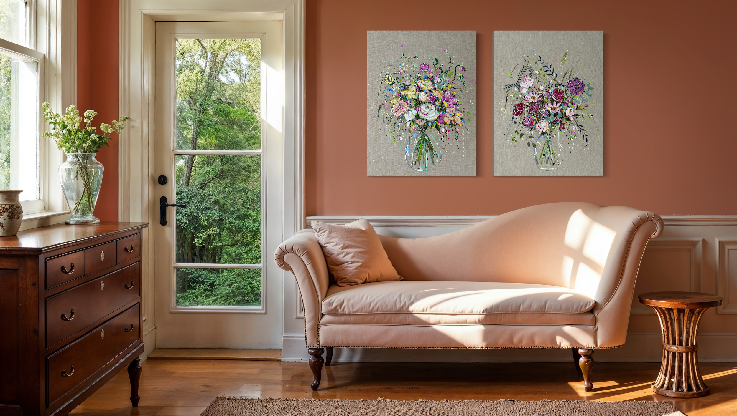 flower bouquet paintings by Louise lLuton in peach lounge with a chaise long