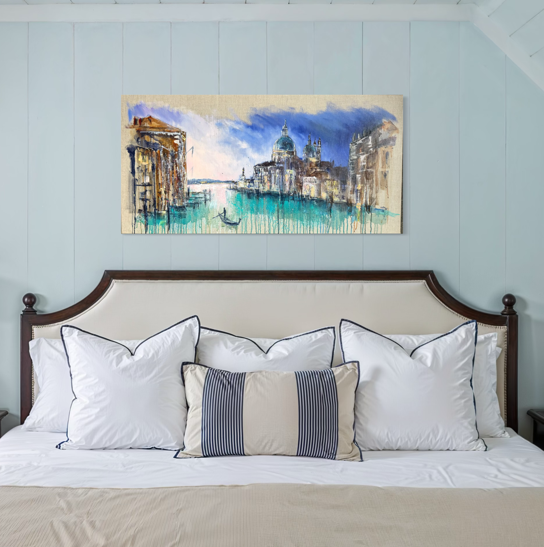 Venice landscape painting by Louise Luton in bedroom setting.png