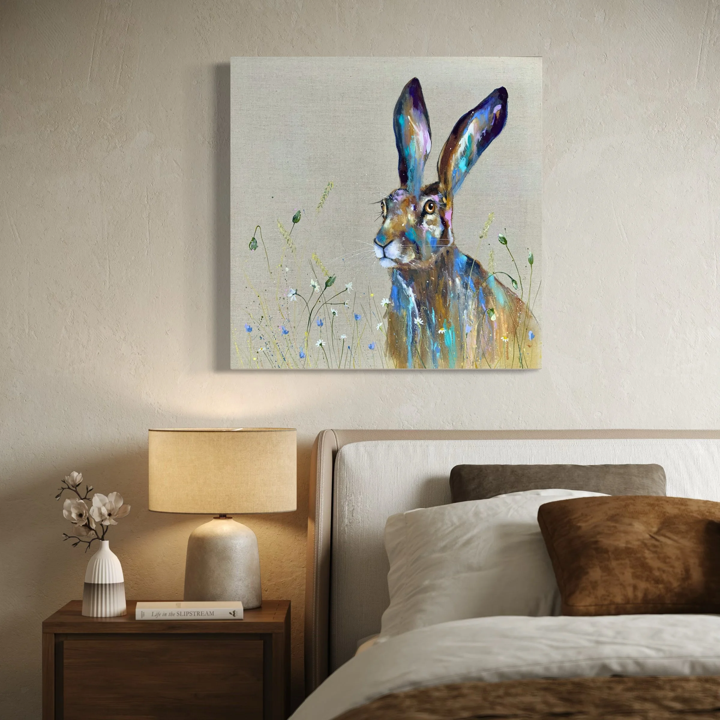 hare in a bedroom setting with warm linen.jpeg