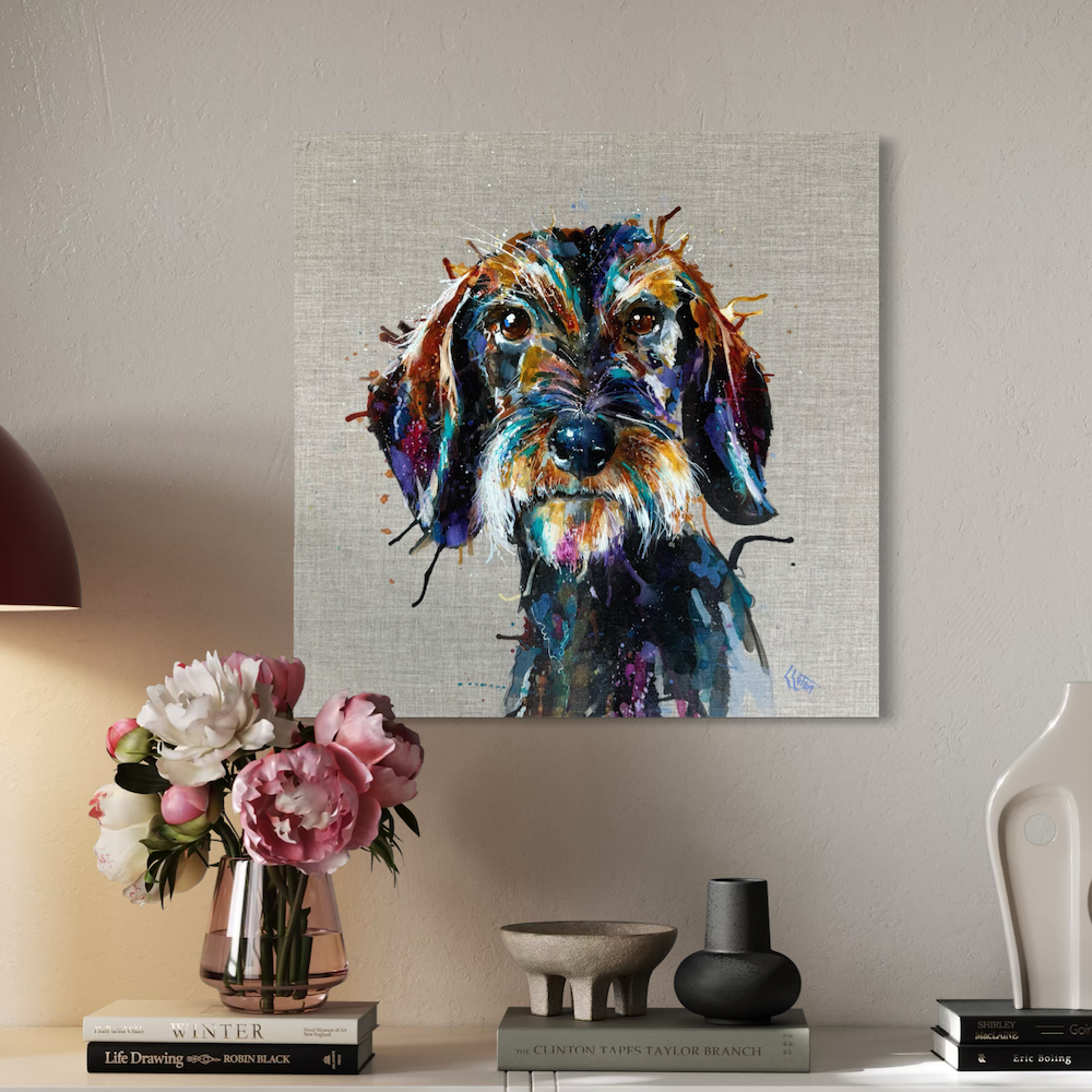 wire harid dachschund by Louise Luton on flower shelf setting.png