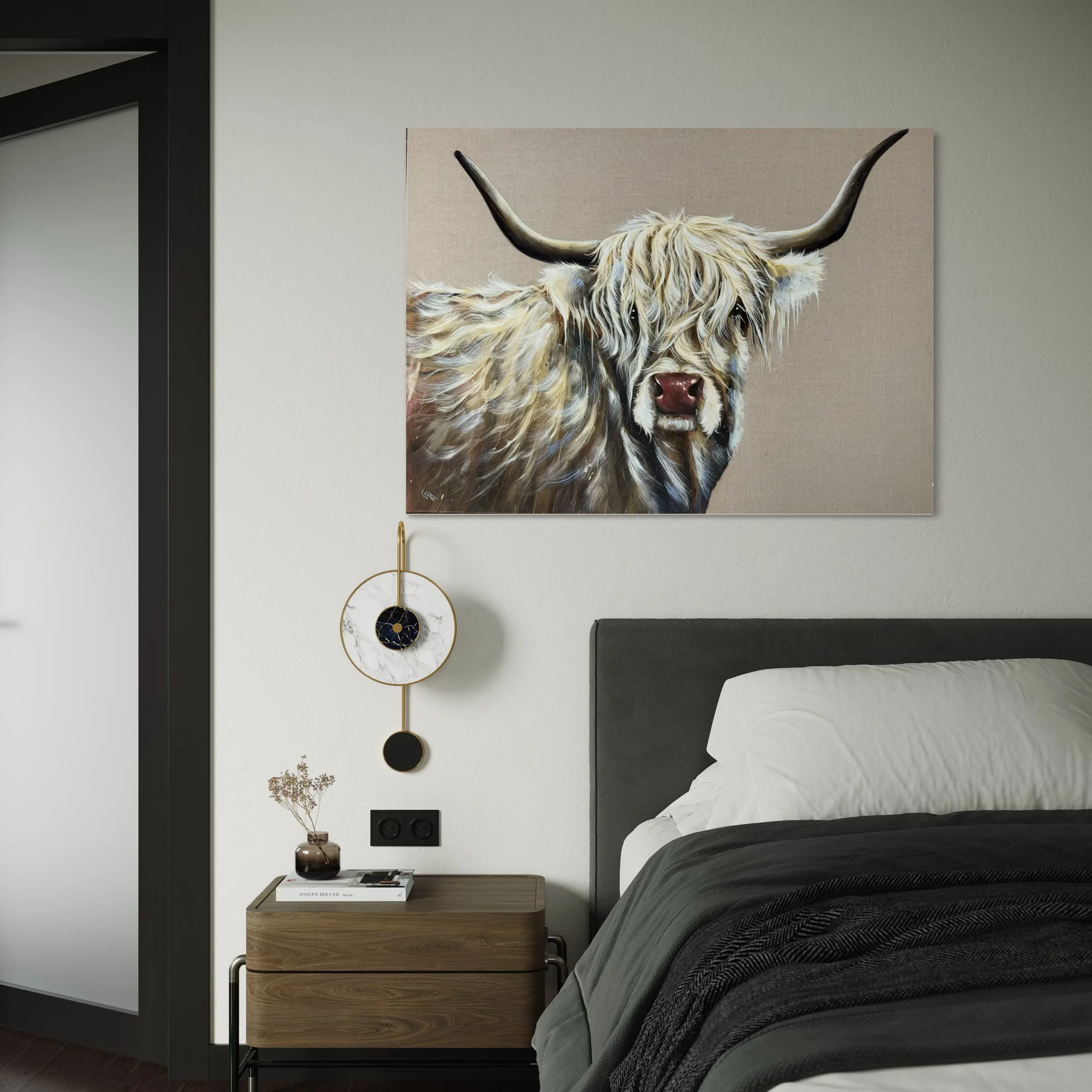 Gwendolyn  white highland cow in bedrrom setting.jpeg