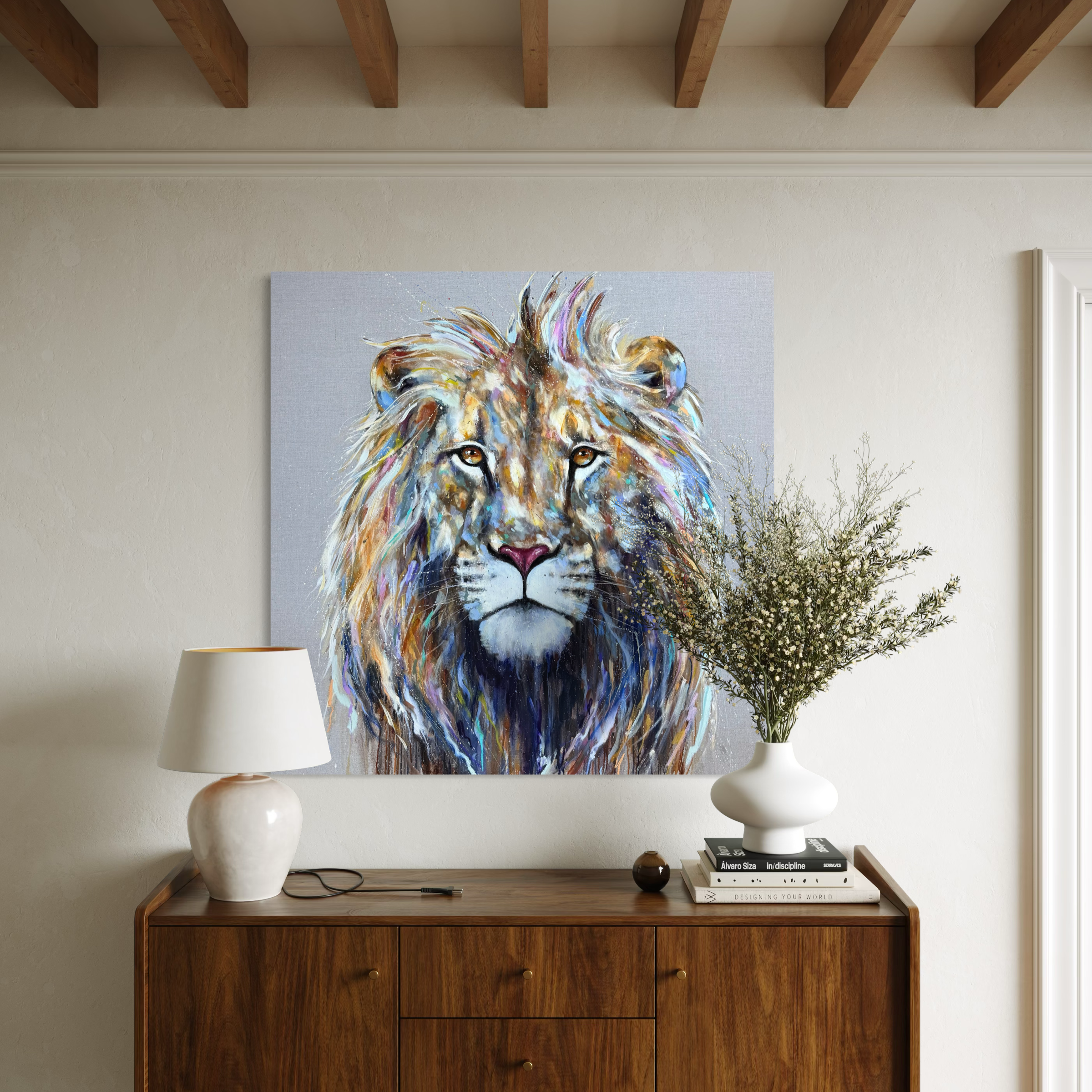 Lenkoe the lion by Louise Luton in neutral hallway setting.png